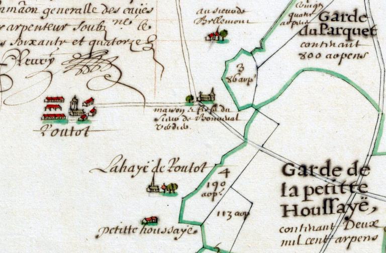 Extrait du plan, figure et arpentage de la forest de Brothonne dressé pour M. Le Féron, conseiller du roi.- Plan manuscrit couleur, fait par Jean Fleury, Paris, 1674 (BNF).
