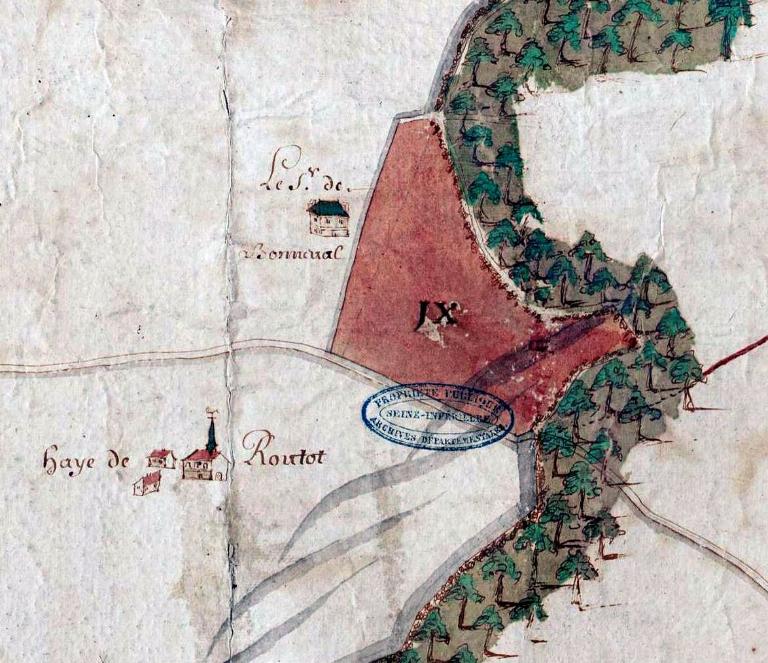 Extrait du plan de la forêt de Brotonne dressé par les moines de l'abbaye de Jumièges.- Plan manuscrit couleur, anonyme, 1671 (AD Seine-Maritime / 12 Fi 129). 