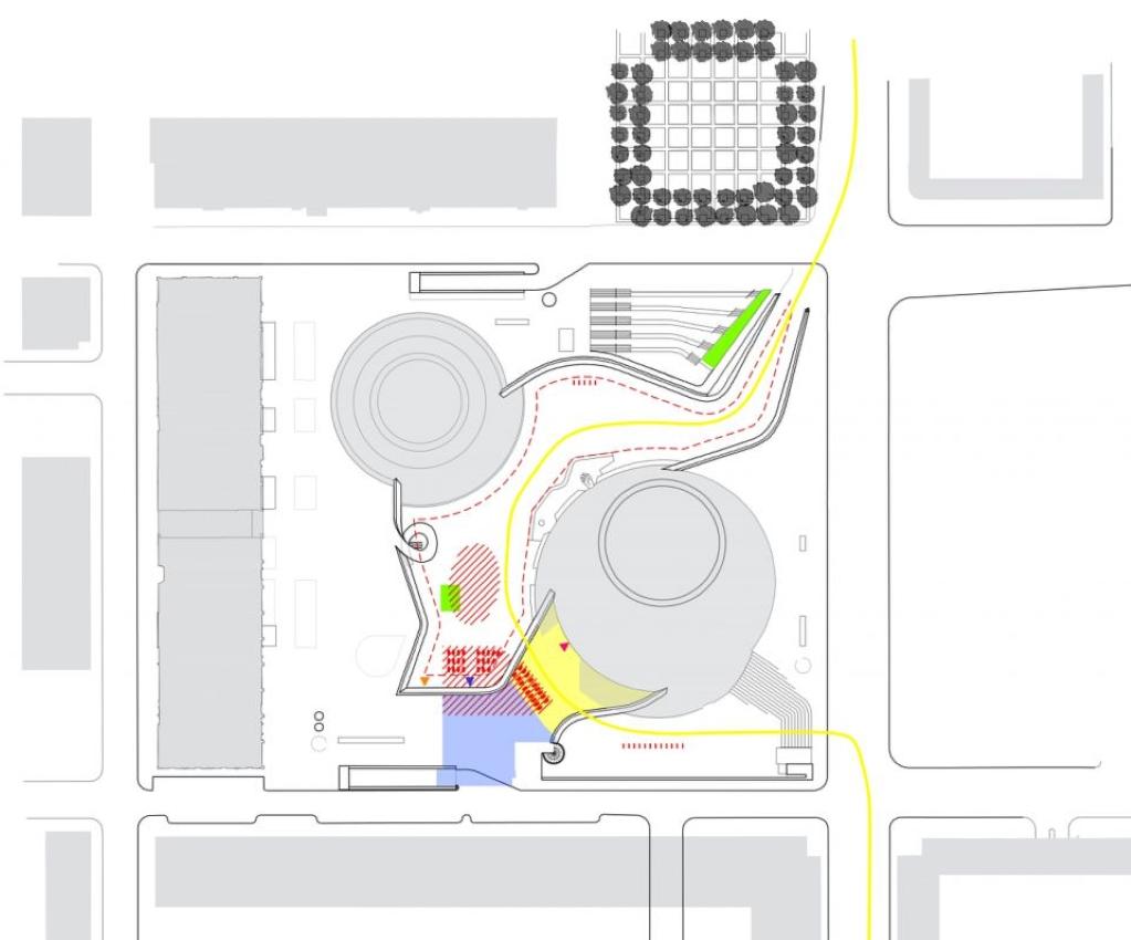 Esplanade Niemeyer, espace bas, préconisations.- Plan, tiré de : Le Volcan, évolution des usages/Inessa Hansch, 2021.