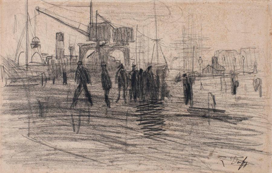 Fin de journée au Havre [grues électiques Caillard].- dessin préparatoire au fusain, par Raoul Dufy, 1901, photographie par Charles Maslard, 2016 (MuMa Le Havre).