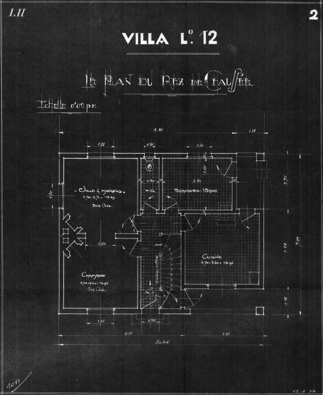 Villa type L 12, plan du rez-de-chaussée, 1/50e, 13 février 1932 (PNRBSN, archives de la Société Immobilière du Trait).