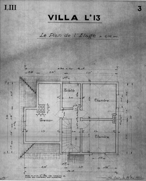 Villa type L 13, plan de l'étage, 1/50e, 19 juin 1932 (PNRBSN, archives de la Société Immobilière du Trait).