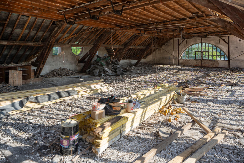 Atelier de la filature, vue intérieure : combles, vue d'ensemble.