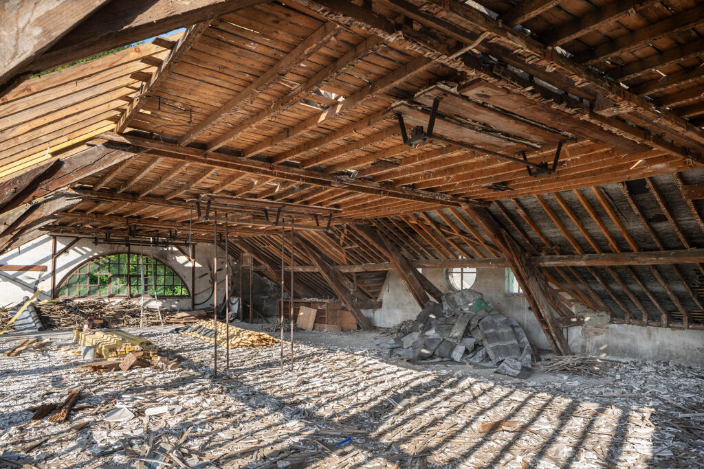 Atelier de la filature, vue intérieure : combles, vue de la charpente.