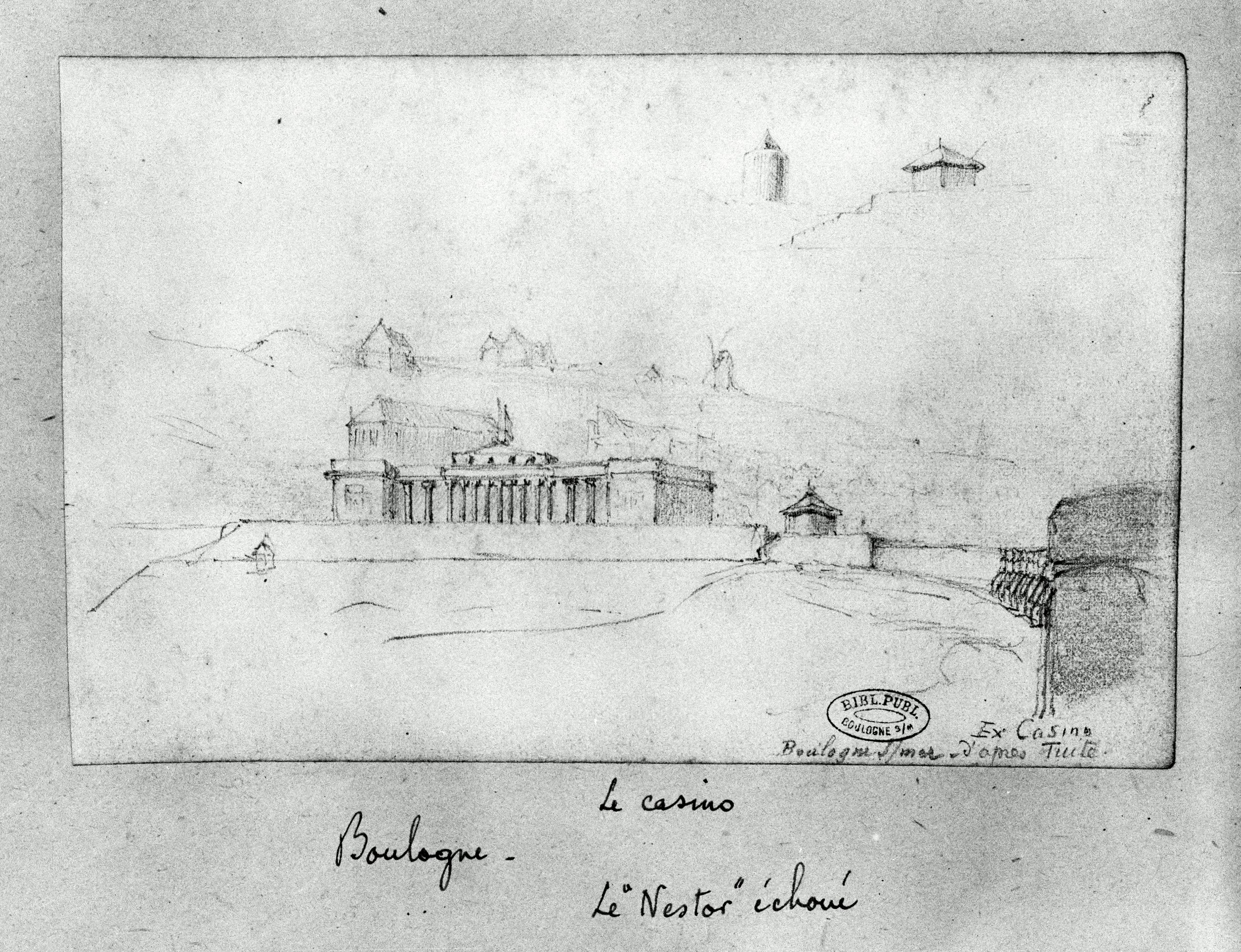 Établissement de bains, vue d'angle ouest, dessin par V.J. Vaillant d'après Tuite, état en 1824 (BM Boulogne-sur-Mer, Albums Vaillant).