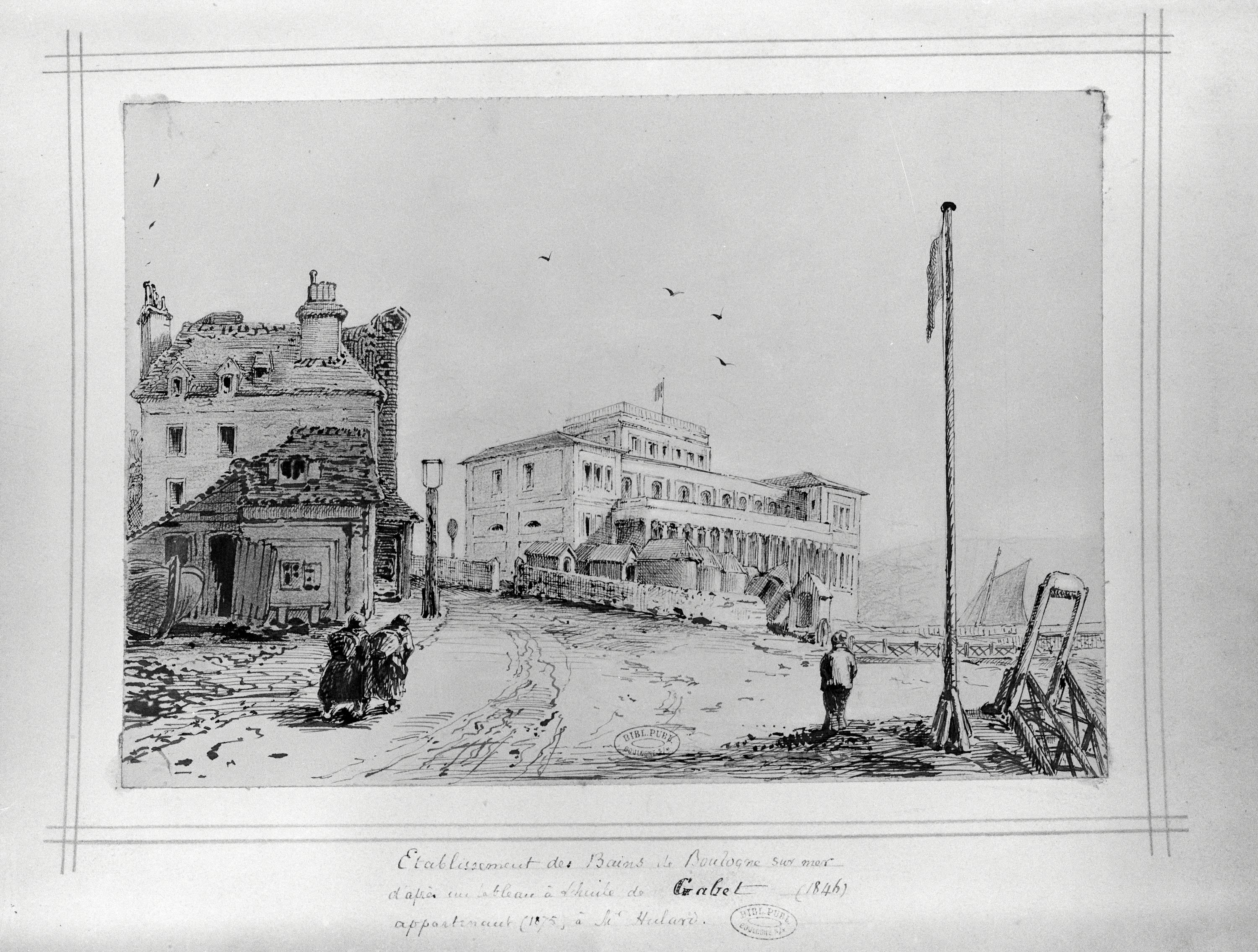 Établissement de bains, vue d'angle nord, dessin V.J. Vaillant d'après un tableau de Gabet, état en 1846 (BM Boulogne-sur-Mer, Albums Vaillant, album 577, fol. 22).