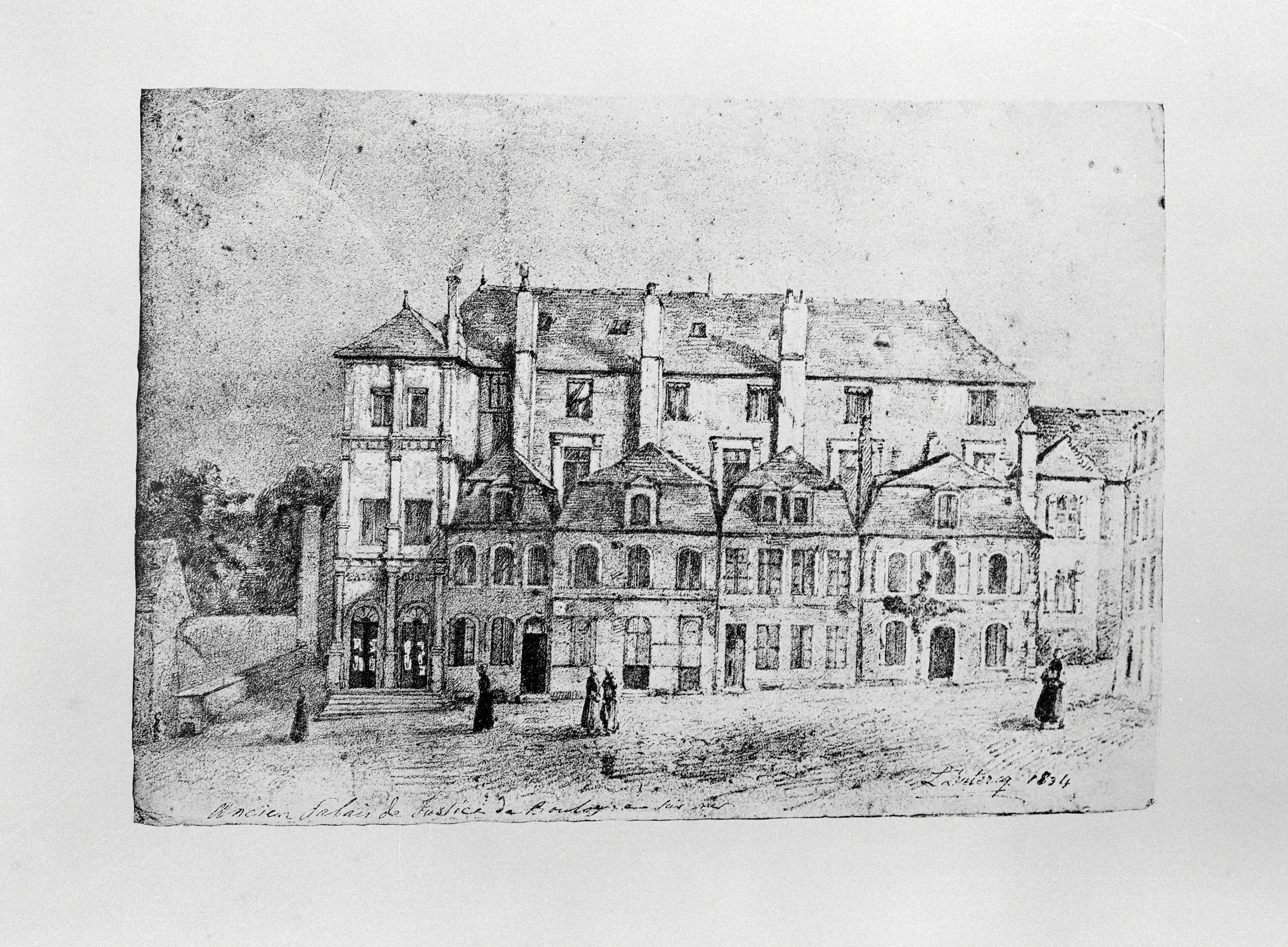 Sénéchaussée, façade sud, dessin 1834. Album de Rosny, collection privée.