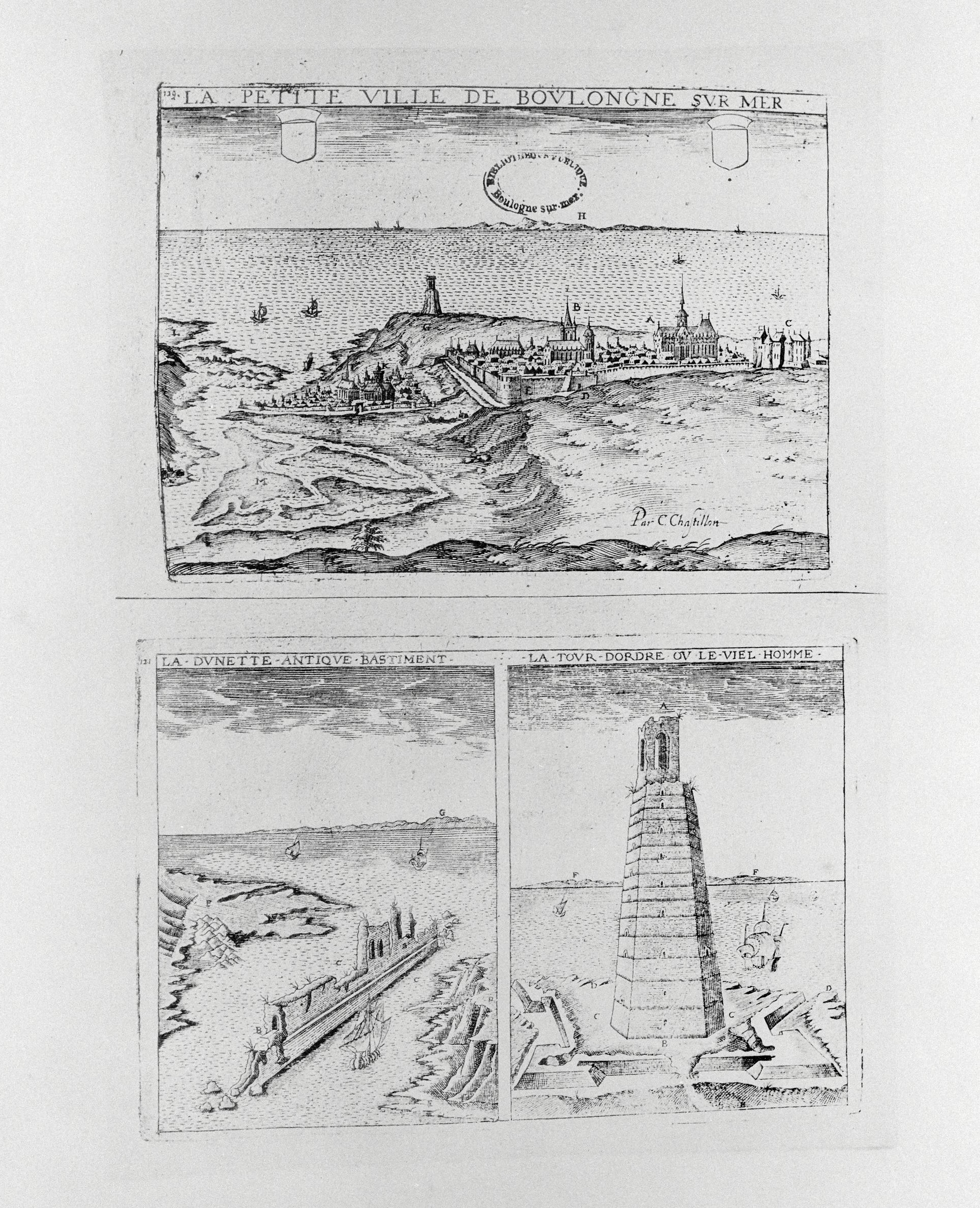 Vue générale de la ville et de l'aire d'étude, dessin Chastillon. B.M. Boulogne-sur-Mer.