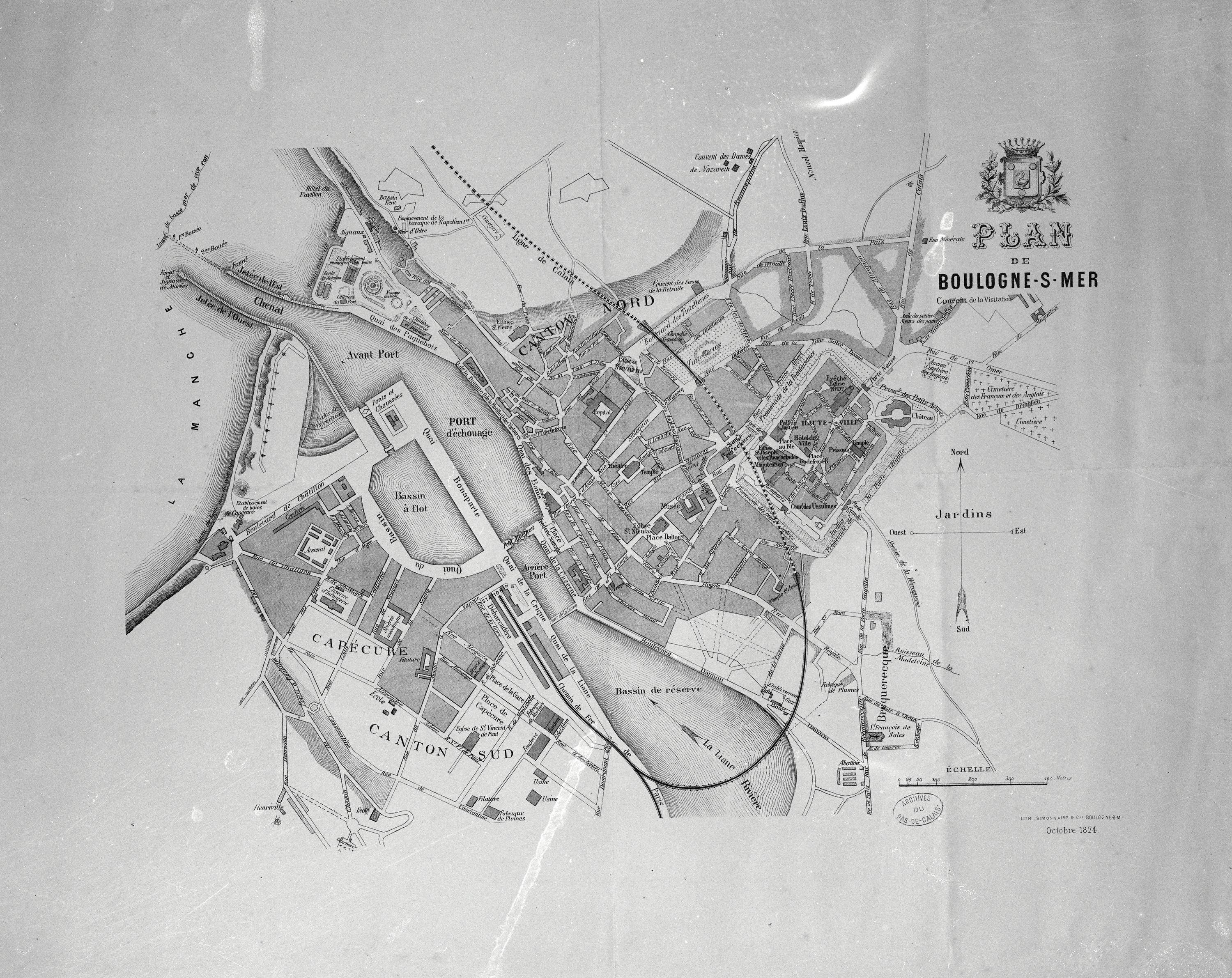 Plan de Boulogne-sur-Mer en 1874. A.D. Pas-de-Calais, album monumental et archéologique.