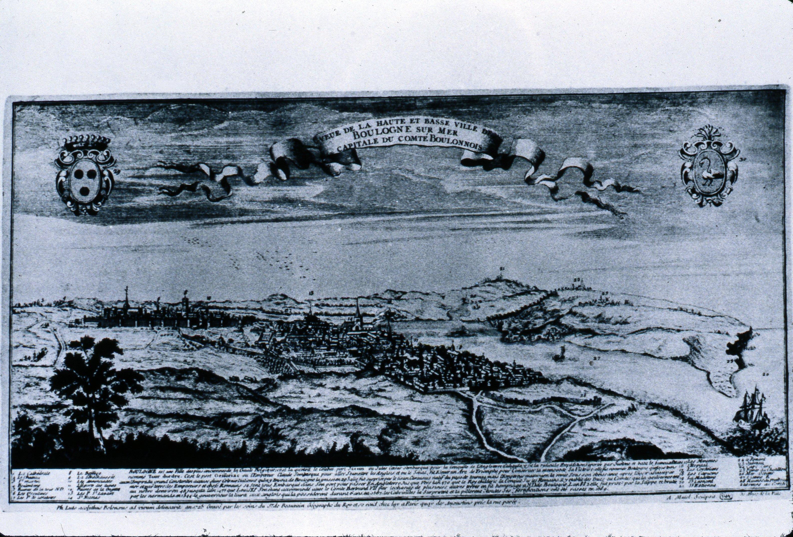 Vue générale de la ville et de l'aire d'étude en 1725. Collection privée, album historique de Boulogne par A. de Rosny, pl. 34.