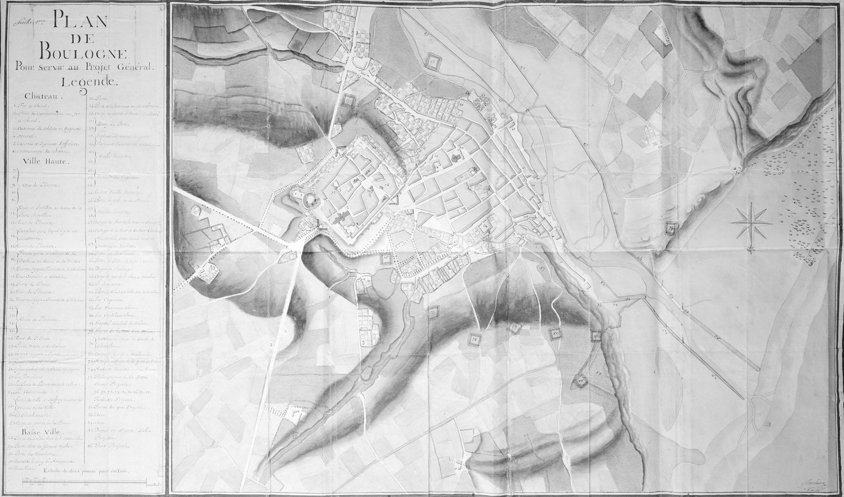 Plan de Boulogne-sur-Mer en 1786. A. Génie Vincennes, Boulogne, art. 8, sect. 1, cart. 2, pl. 19.