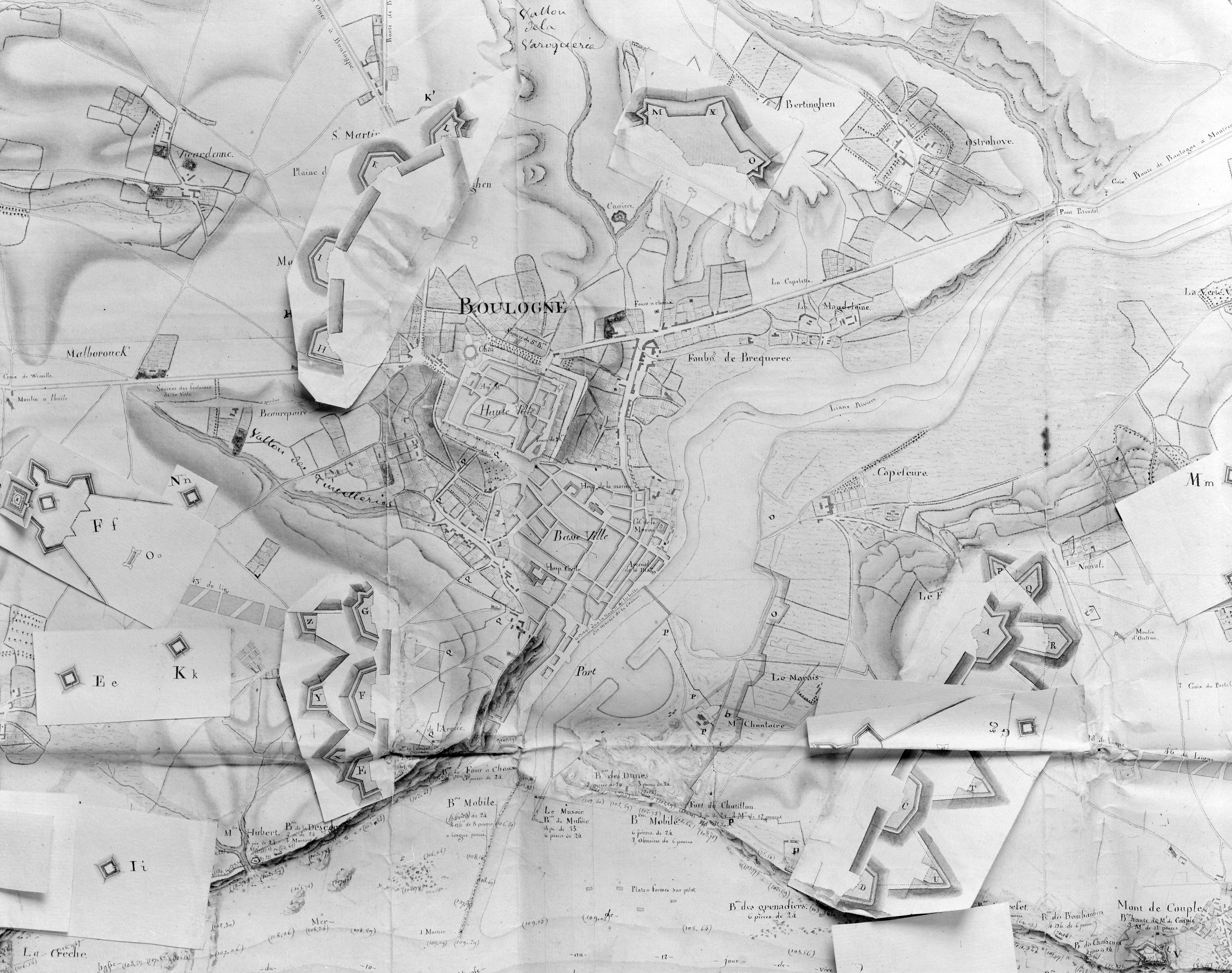 Plan de Boulogne-sur-Mer en 1804. Extrait du plan d'ensemble de Vingles à Wimereux. A. Génie Vincennes, Boulogne, art. 8, sect. 1, cart. 2, p. 53.