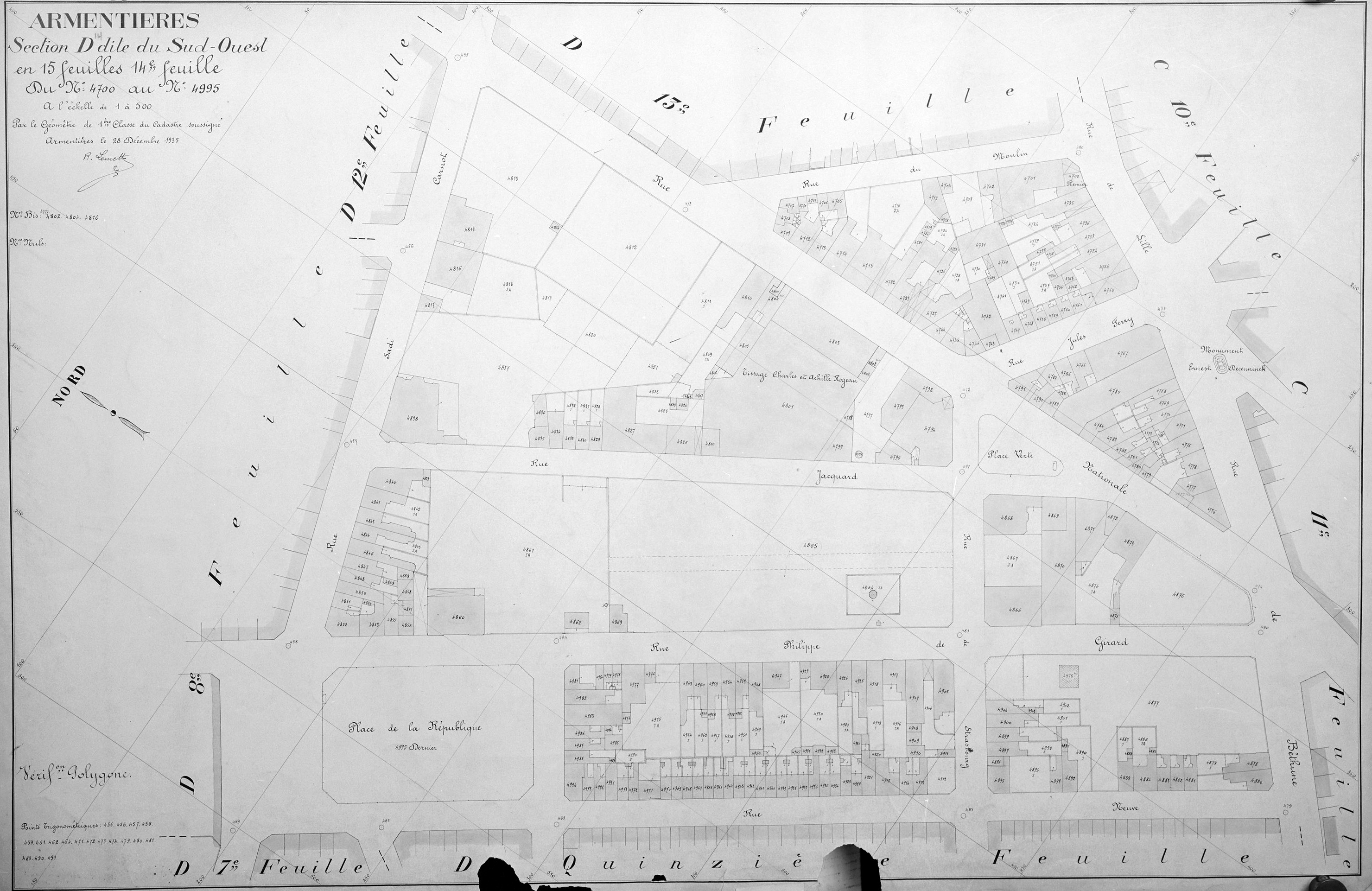 Plan de situation avec au centre le tissage Charles et Achille Rogeau. Plan cadastral, 1935, section D14 (AD Nord ; P 31/178).