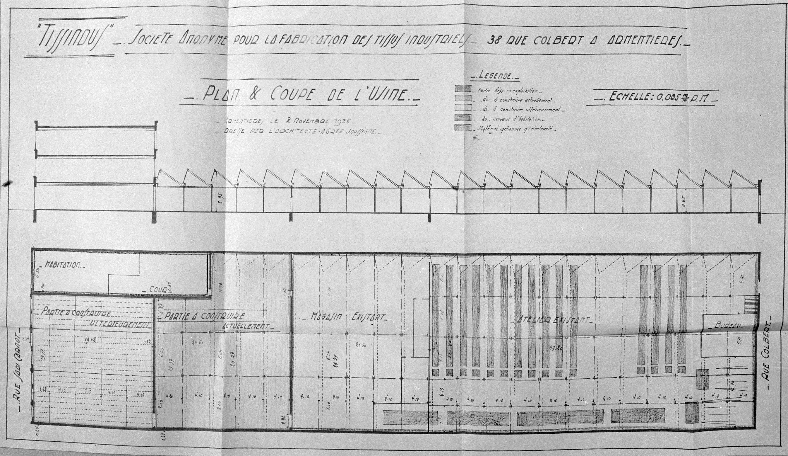 Installation de la Société Anonyme pour la fabrication des tissus industriels TISSINDUS. Plan et coupe de l'usine, 1936 (AD Nord ; M41710422).