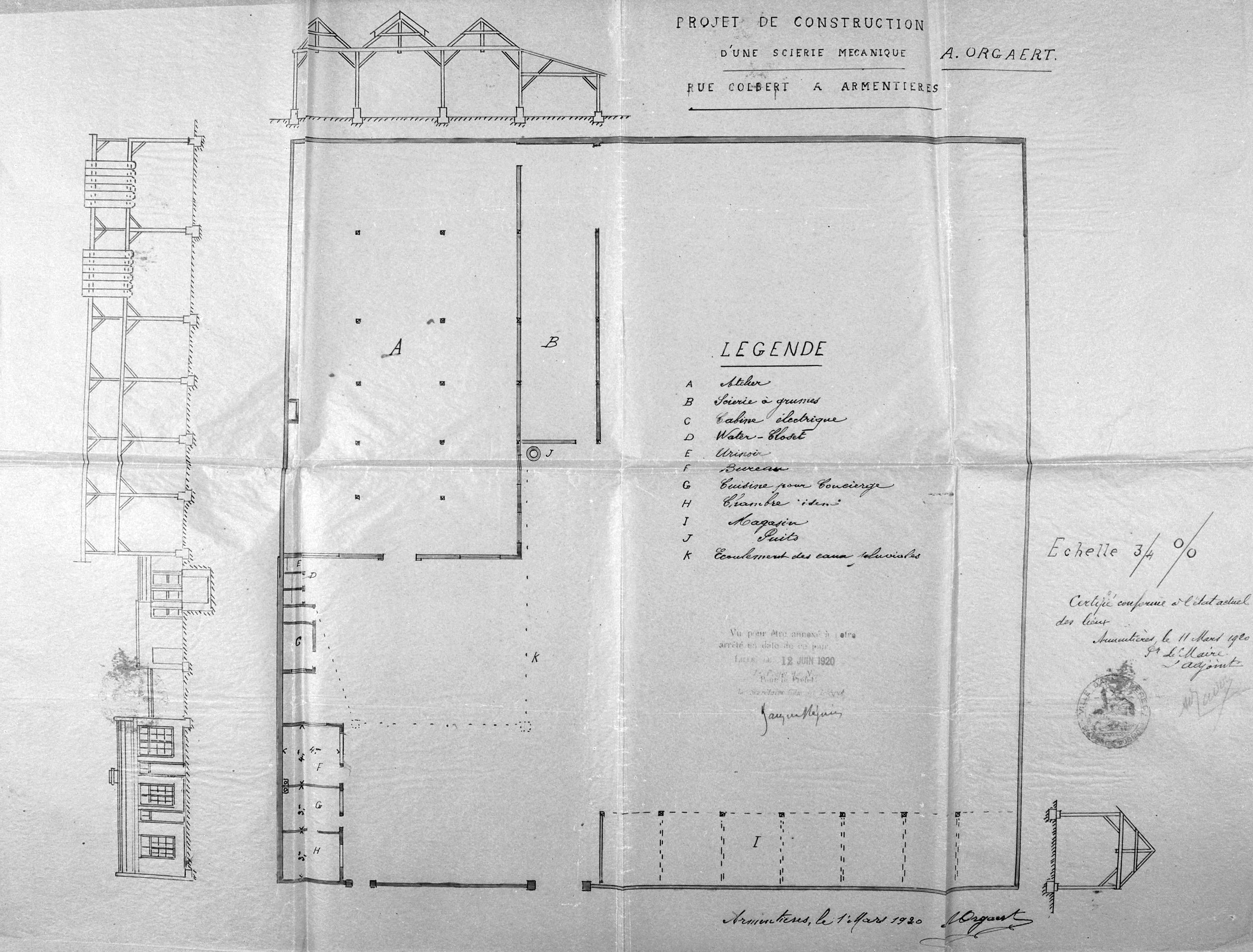 Demande de construction d'une scierie mécanique sollicitée par M. Orgaert. Plan masse, 1920 (AD Nord ; M41710312).