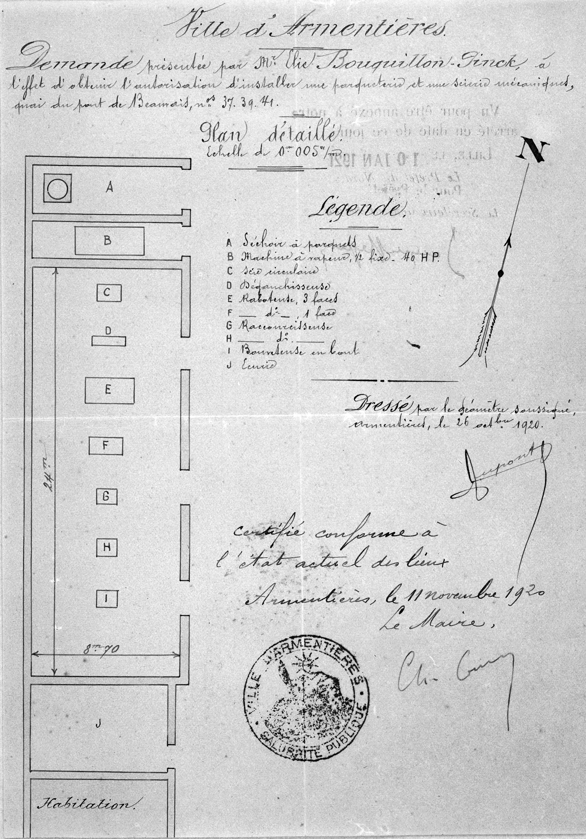 Bouquillon-Pinck. Demande d'installation d'une parqueterie et d'une scierie mécanique. Plan masse, 1920 (AD Nord ; M 41710320).