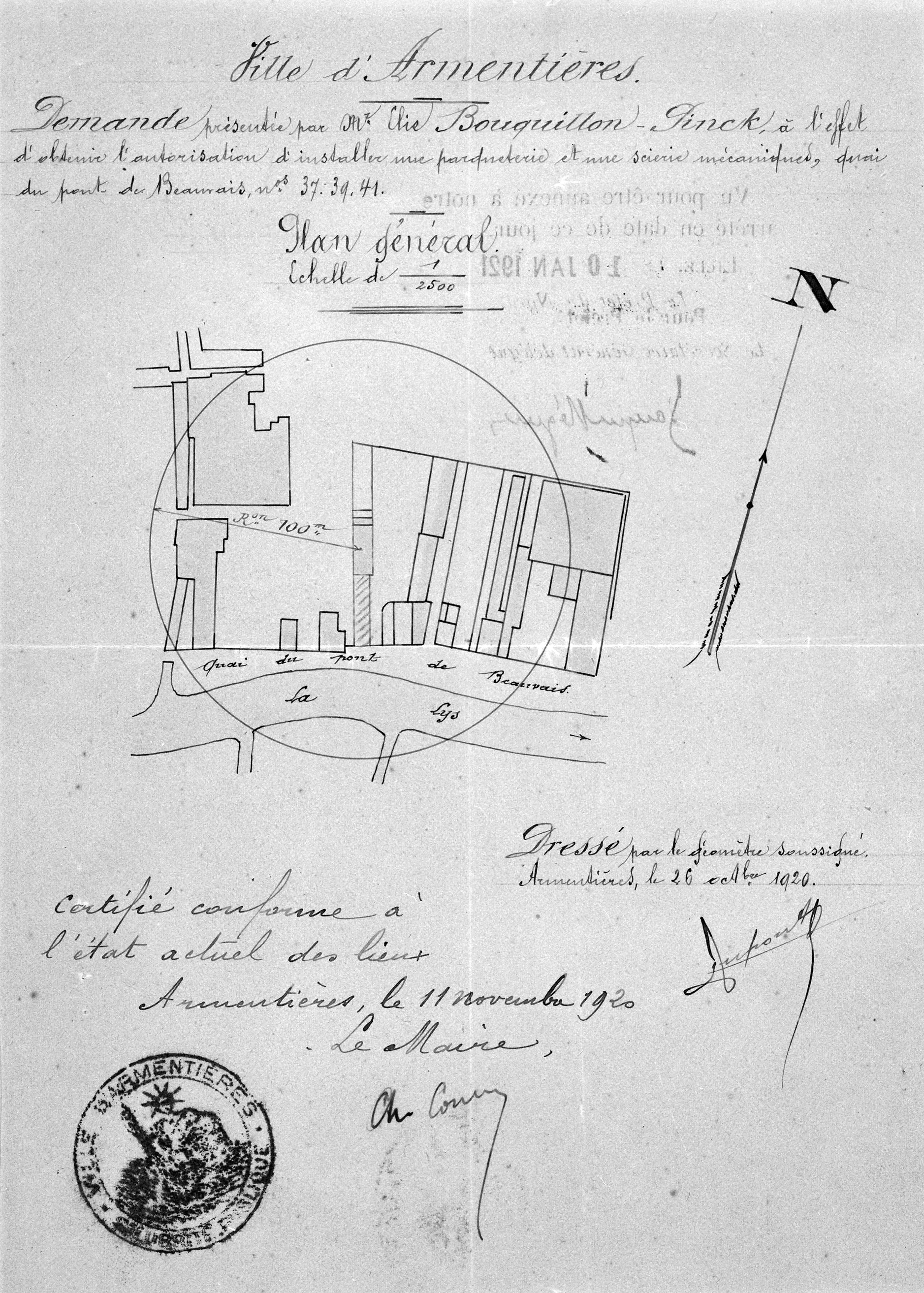 Bouquillon-Pinck. Demande d'installation d'une scierie mécanique et d'une parqueterie. Plan de situation, 1920 (AD Nord ; M 41710320).