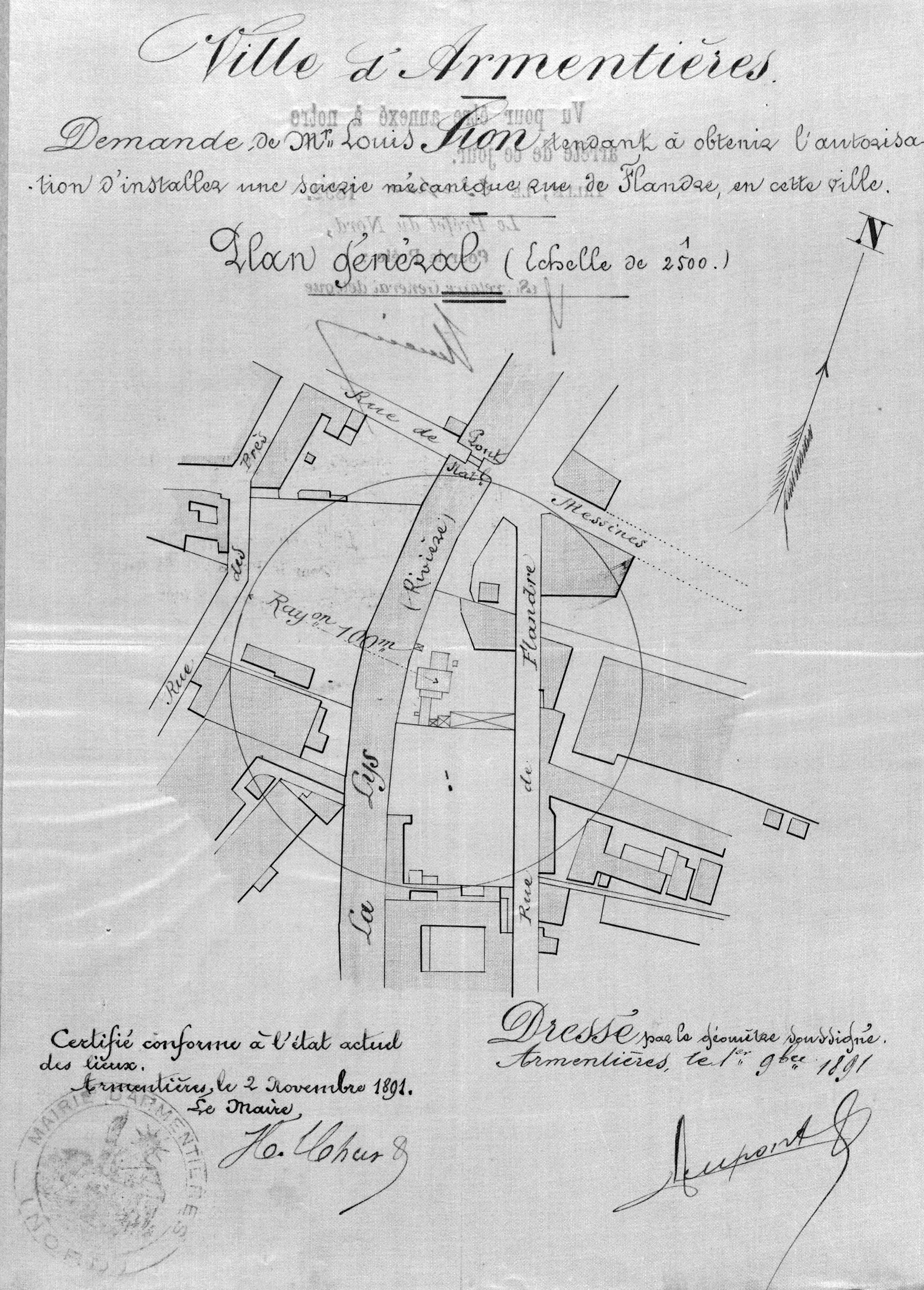 Autorisation demandée par Louis Sion d'installer une scierie mécanique. Plan de situation, 1891 (AD Nord ; M 417620).