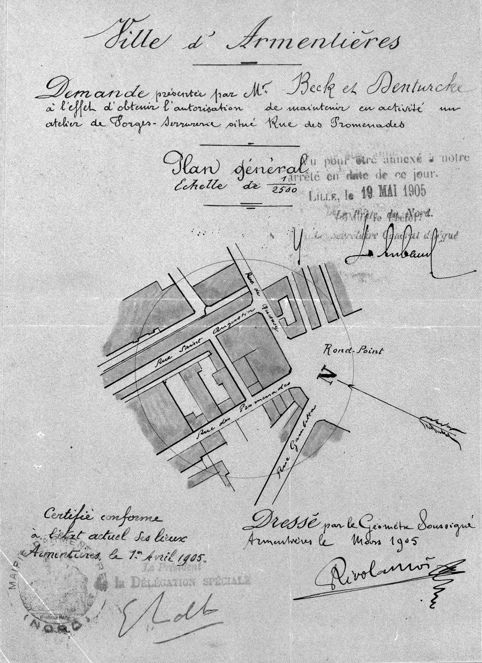 Beck et Denturcke. Demande de maintien en activité d'usine de serrurerie. Plan de situation, 1905 (AD Nord ; M 4175333).