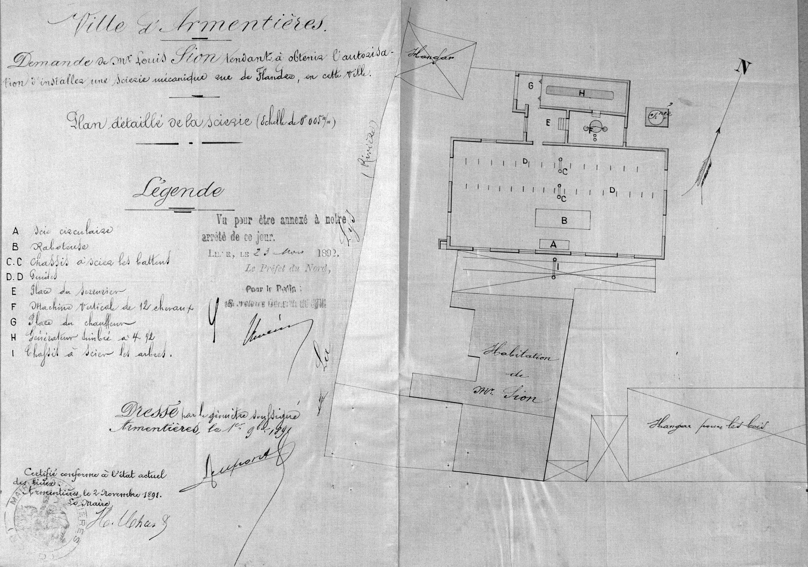 Autorisation demandée par Louis Sion d'installer une scierie mécanique. Plan masse, 1891 (AD Nord ; M 417620).