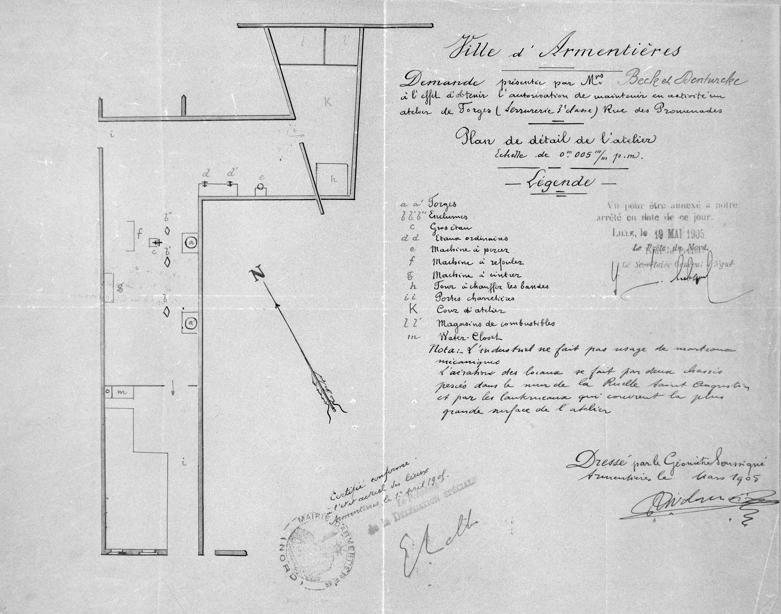 Beck et Denturcke. Demande de maintien en activité d'usine de serrurerie. Plan masse, 1905 (AD Nord ; M 4175333).