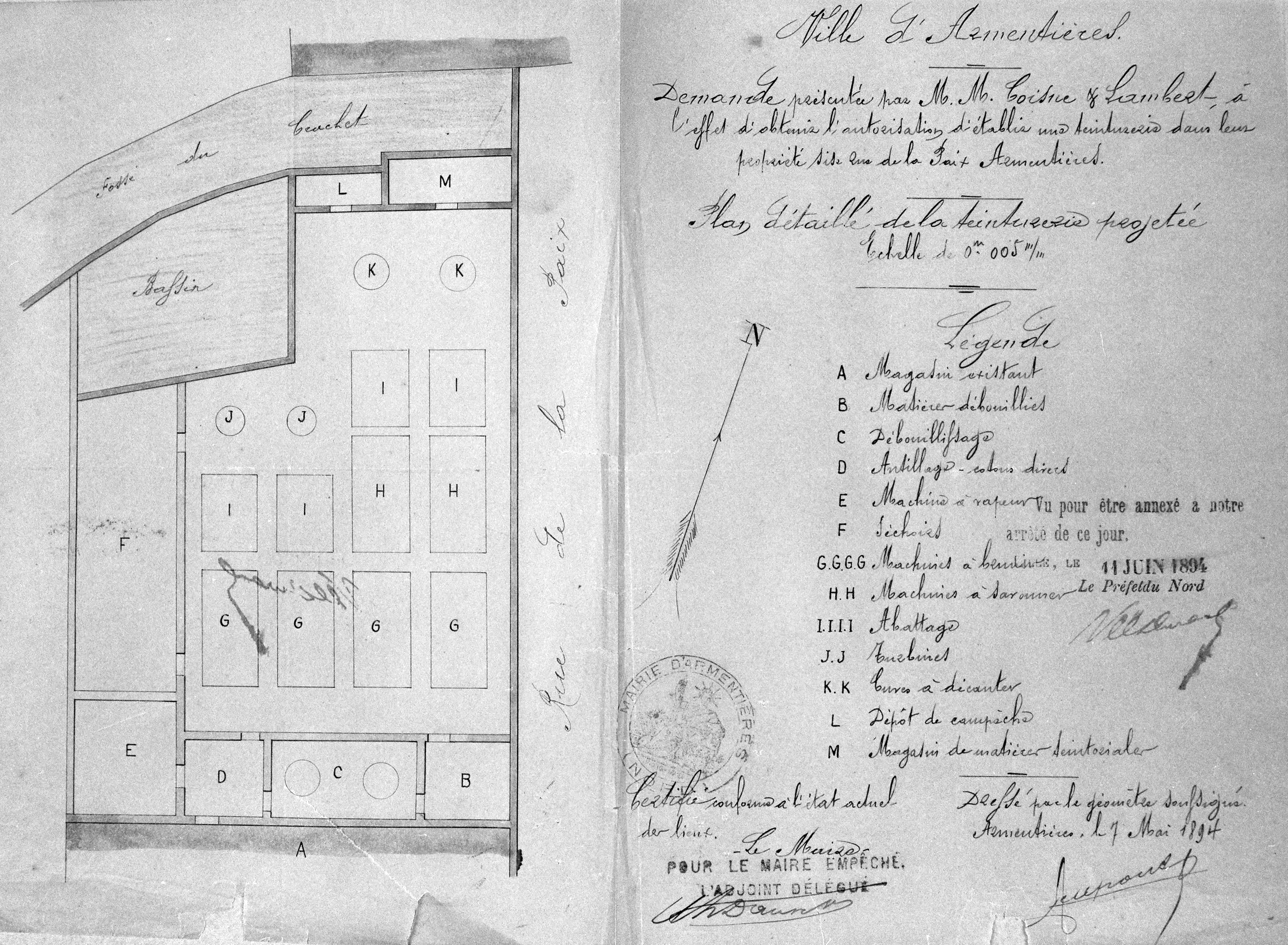 Coisne et Lambert. Installation d'une teinturerie. Plan au sol, 1894 (AD Nord ; M 417546).