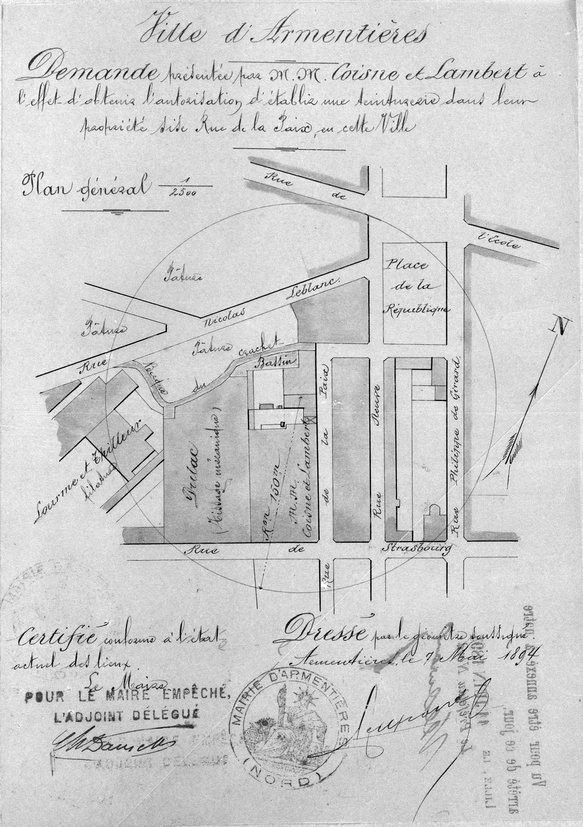Coisne et Lambert. Installation d'une teinturerie. Plan de situation, 1894 (AD Nord ; M 417546).