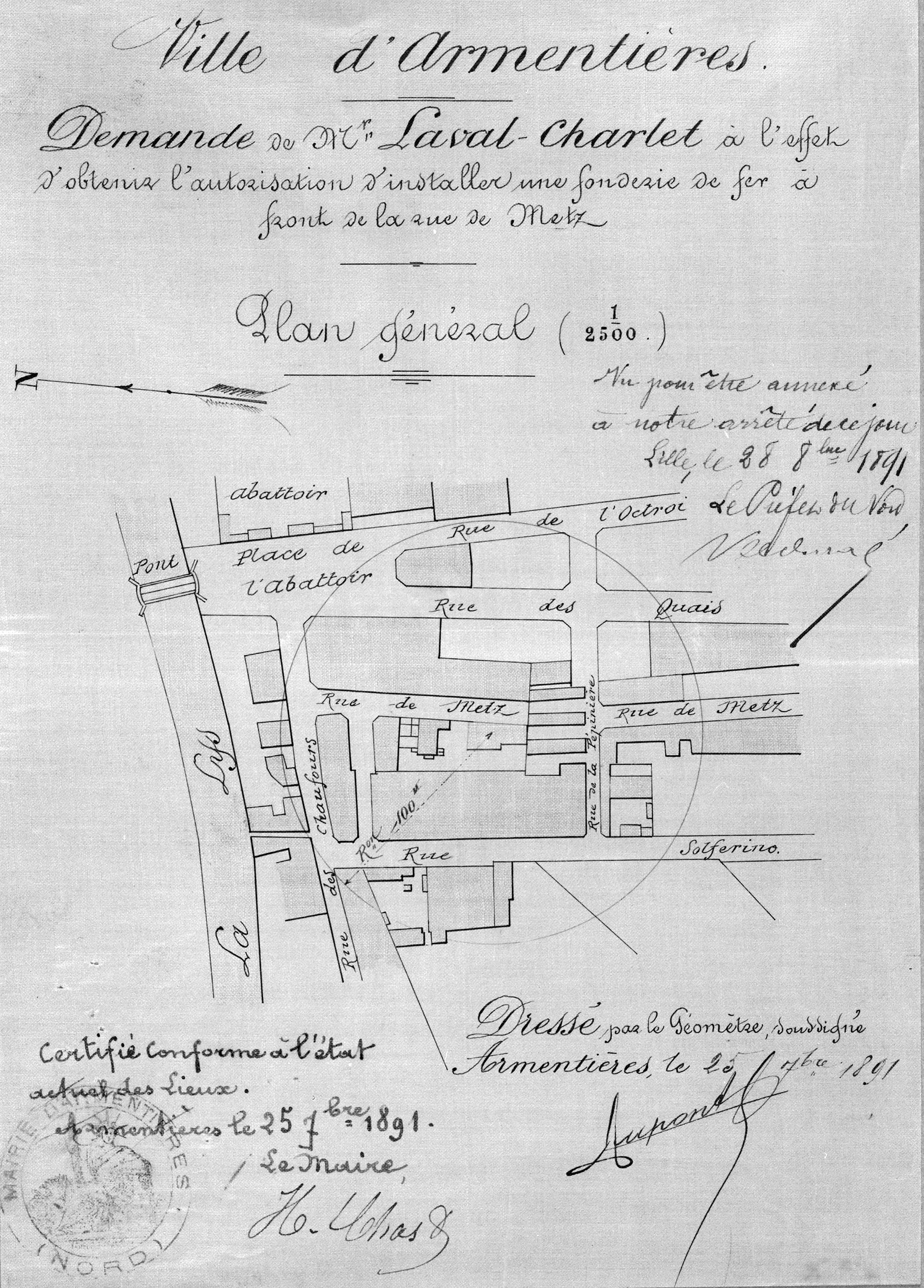  Laval-Charlet. Installation d'une fonderie de fer, plan de situation, 1891 (AD Nord ; M 417593).