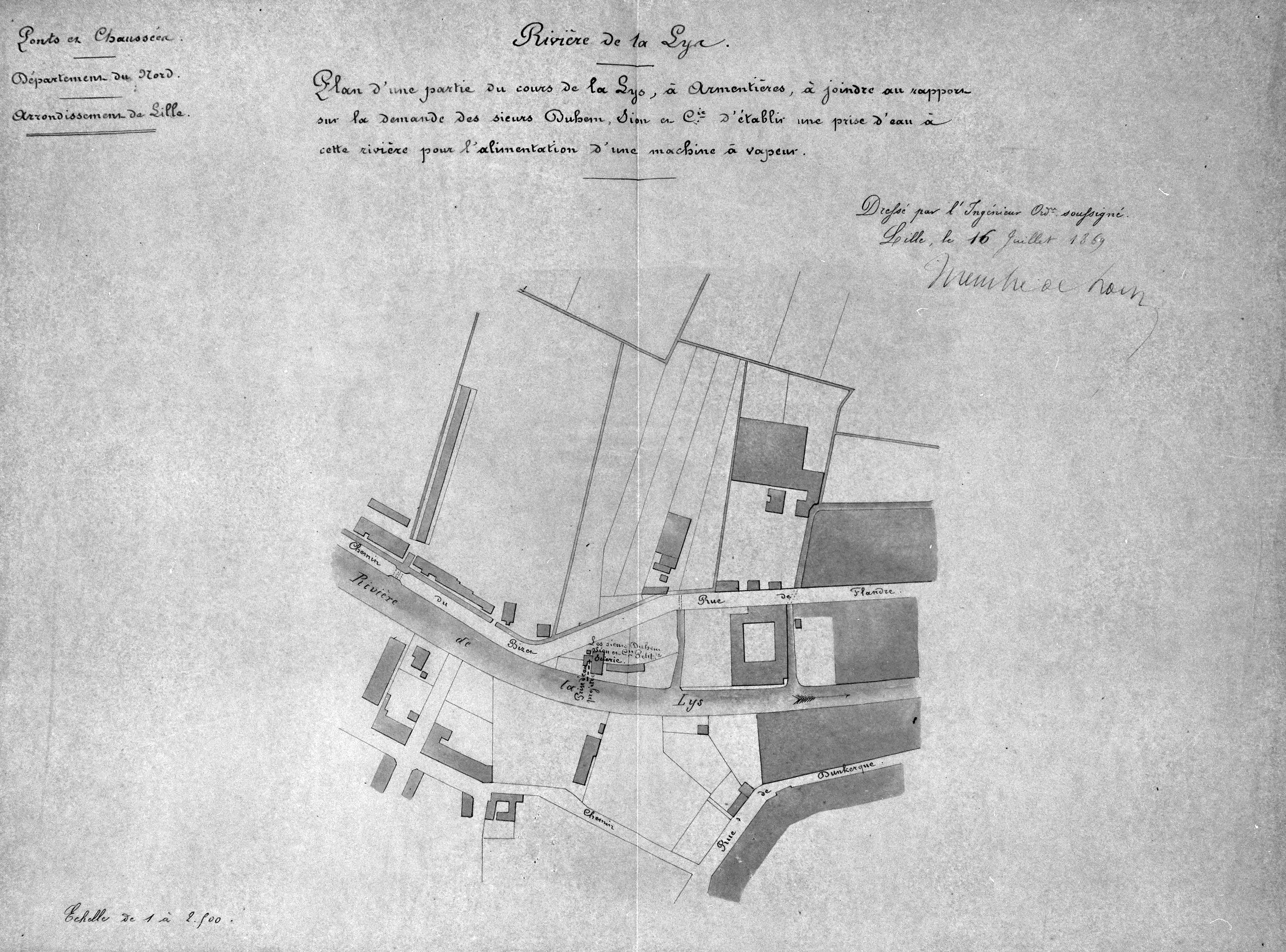 Duhem-Sion & Cie. Établissement d'une prise d'eau dans la Lys pour alimenter une machine à vapeur. Plan de situation, 1869 (AD Nord ; S 3781).