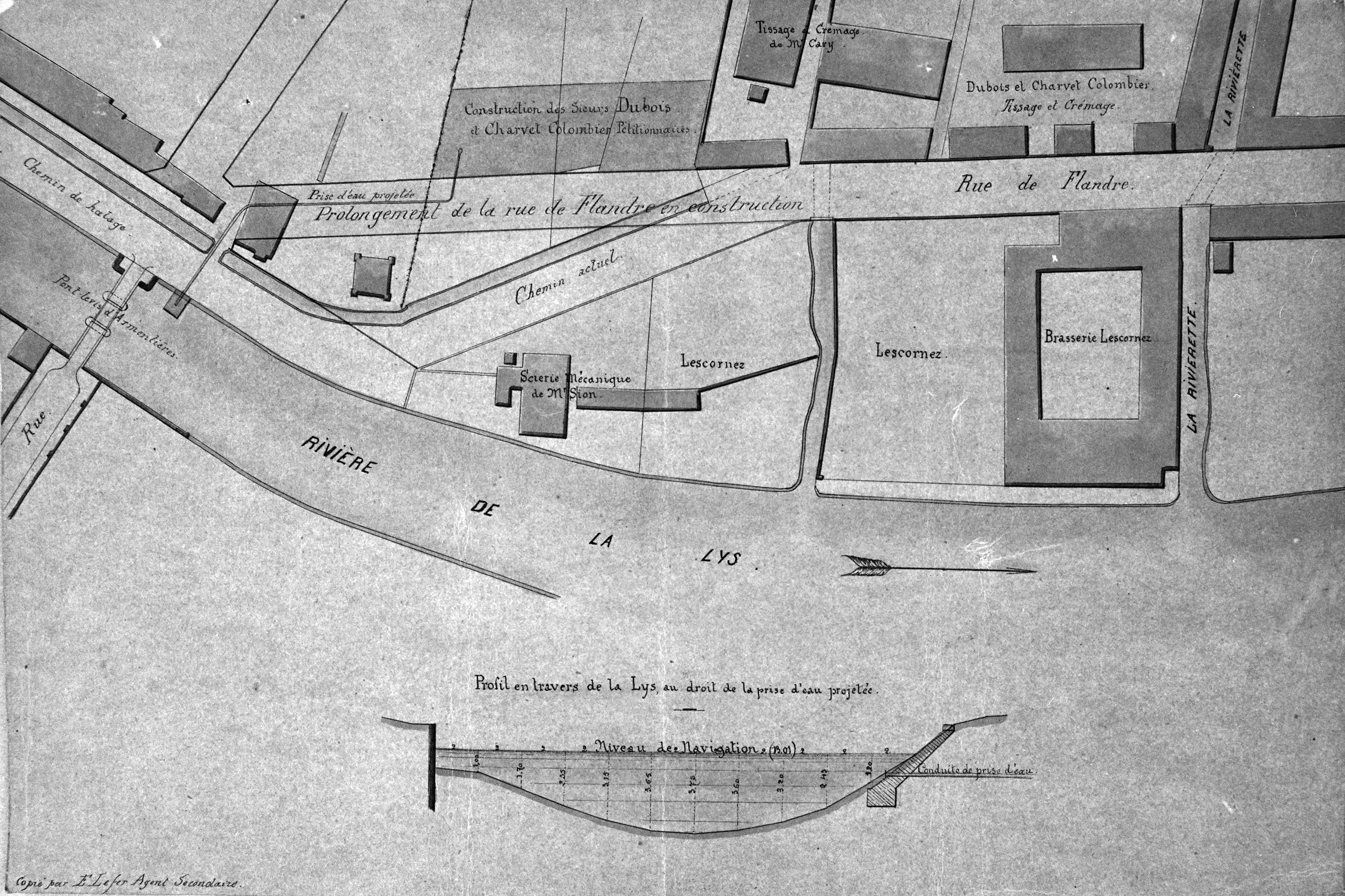 Duhem-Sion & Cie. Établissement d'une prise d'eau dans la Lys pour alimenter une machine à vapeur. Plan masse, 1869 (AD Nord ; S 3781).