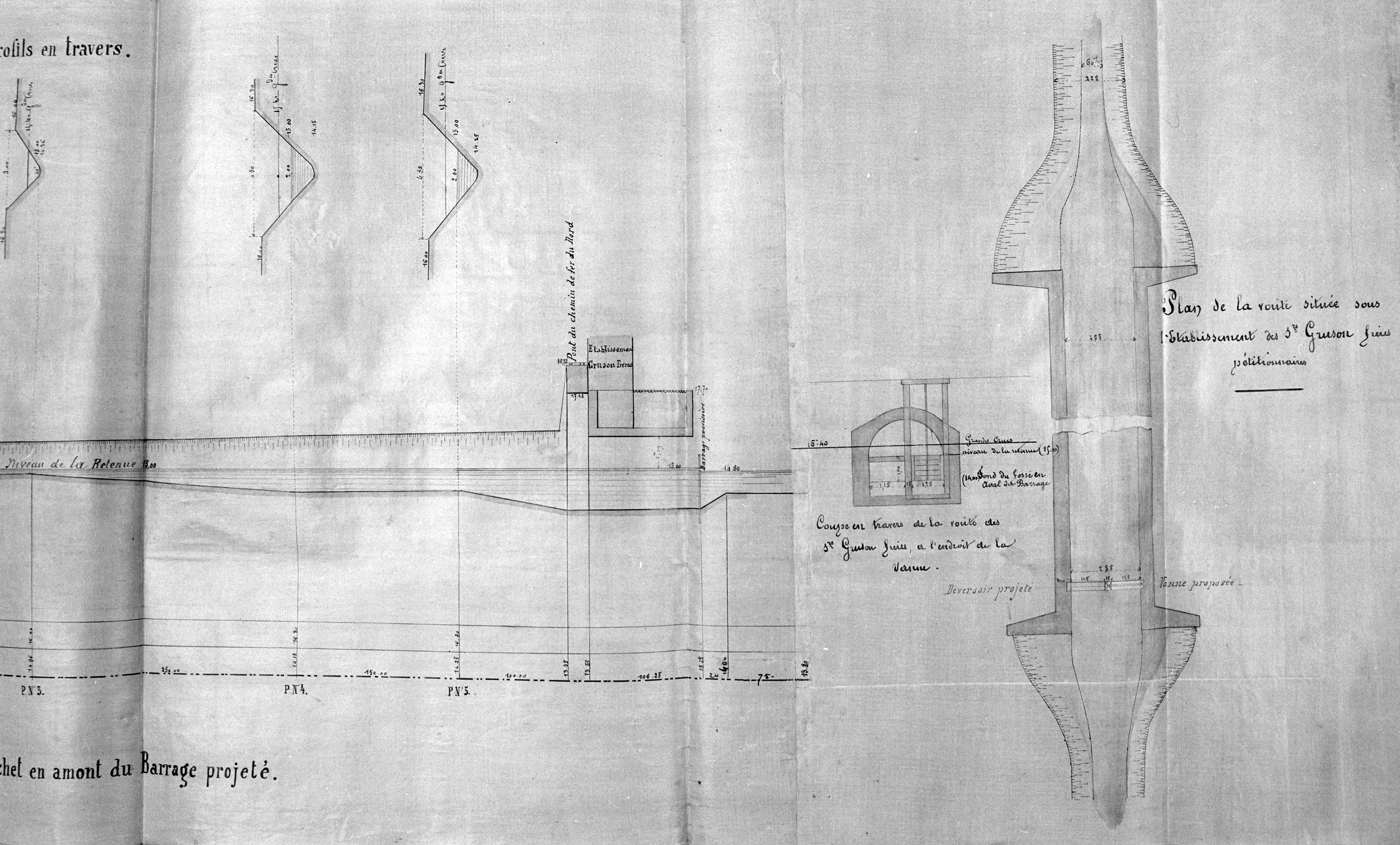 Filature Gruson. Profil en amont du barrage projeté, 1873 (AD Nord ; S 3788).