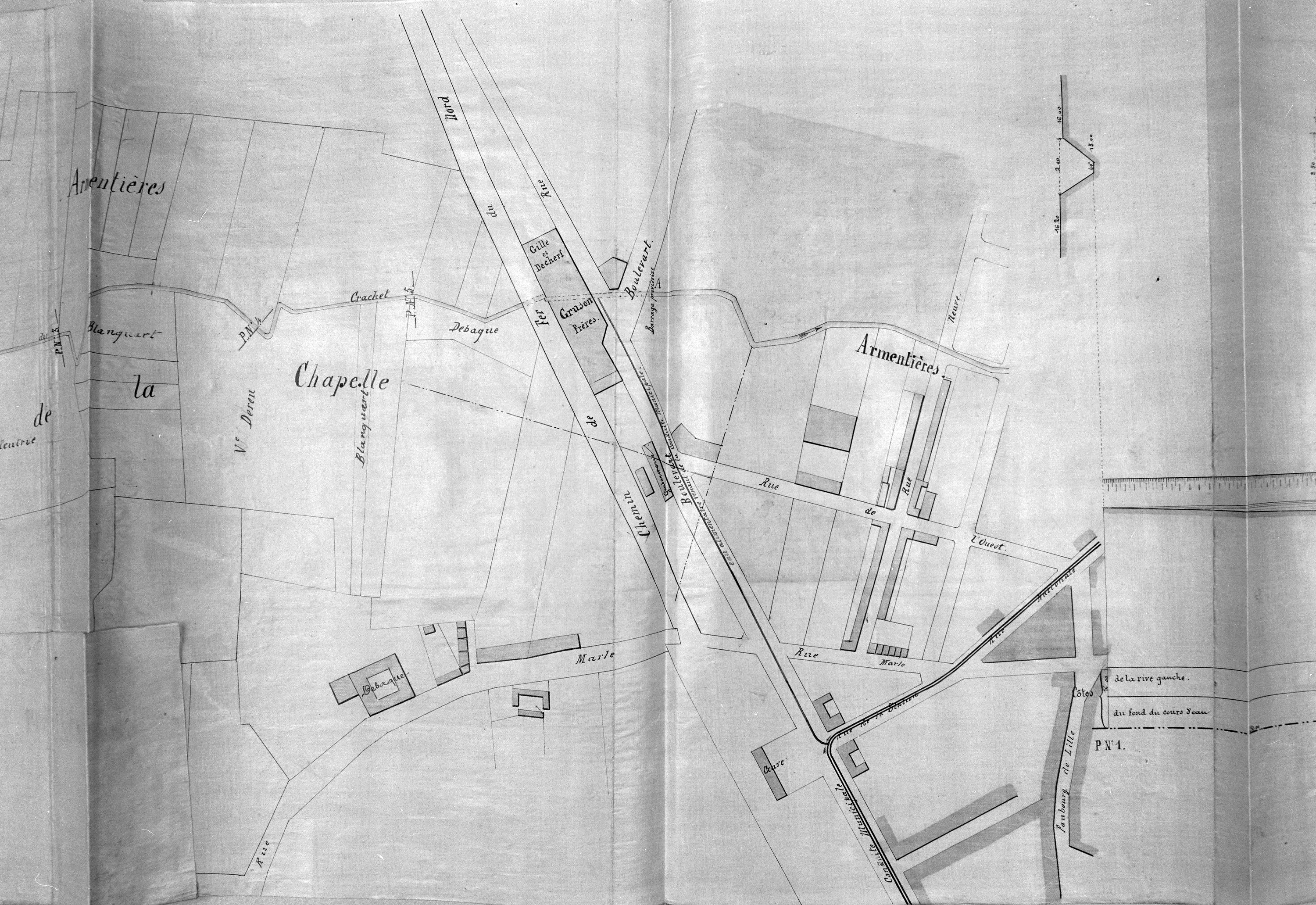 Filature Gruson. Plan de situation et du réseau d'eau, 1873 (AD Nord ; S 3788).