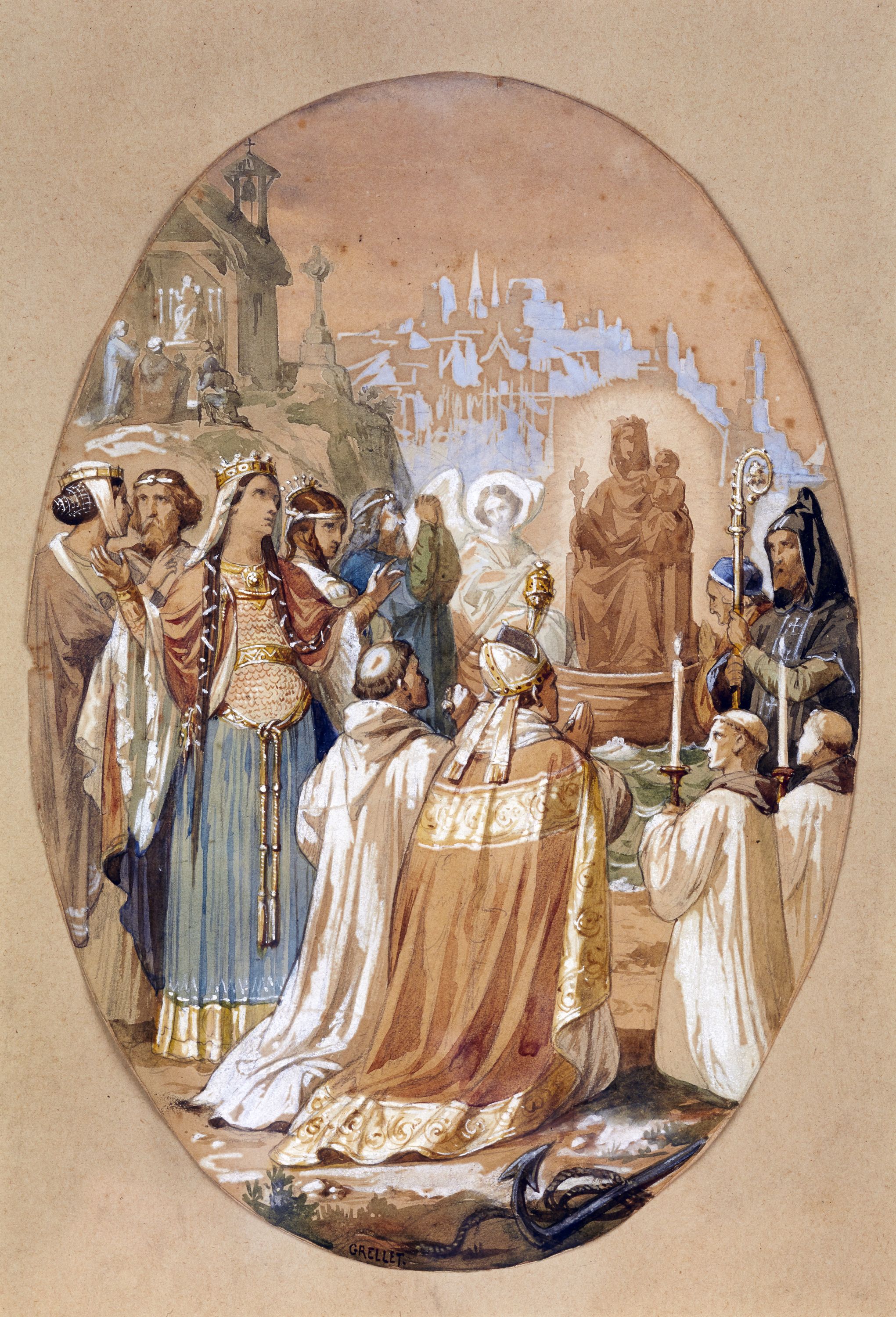 Verrière 1 : arrivée de la statue miraculeuse à Boulogne-sur-Mer, projet aquarellé par Alexandre Grellet, entre 1873 et 1876 (coll. part.).
