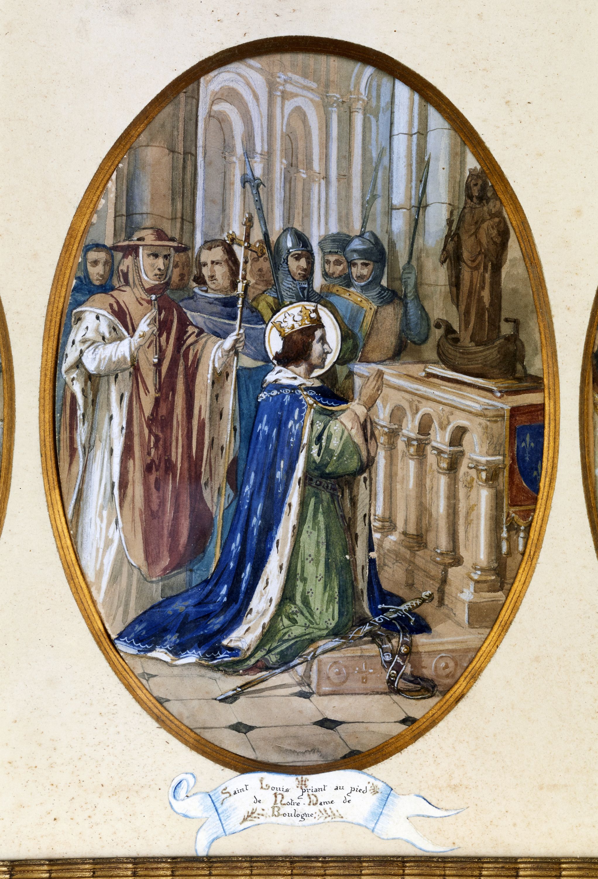 Verrière 3 : Saint Louis priant Notre-Dame de Boulogne, projet aquarellé par Alexandre Grellet, entre 1873 et 1876 (coll. privée).