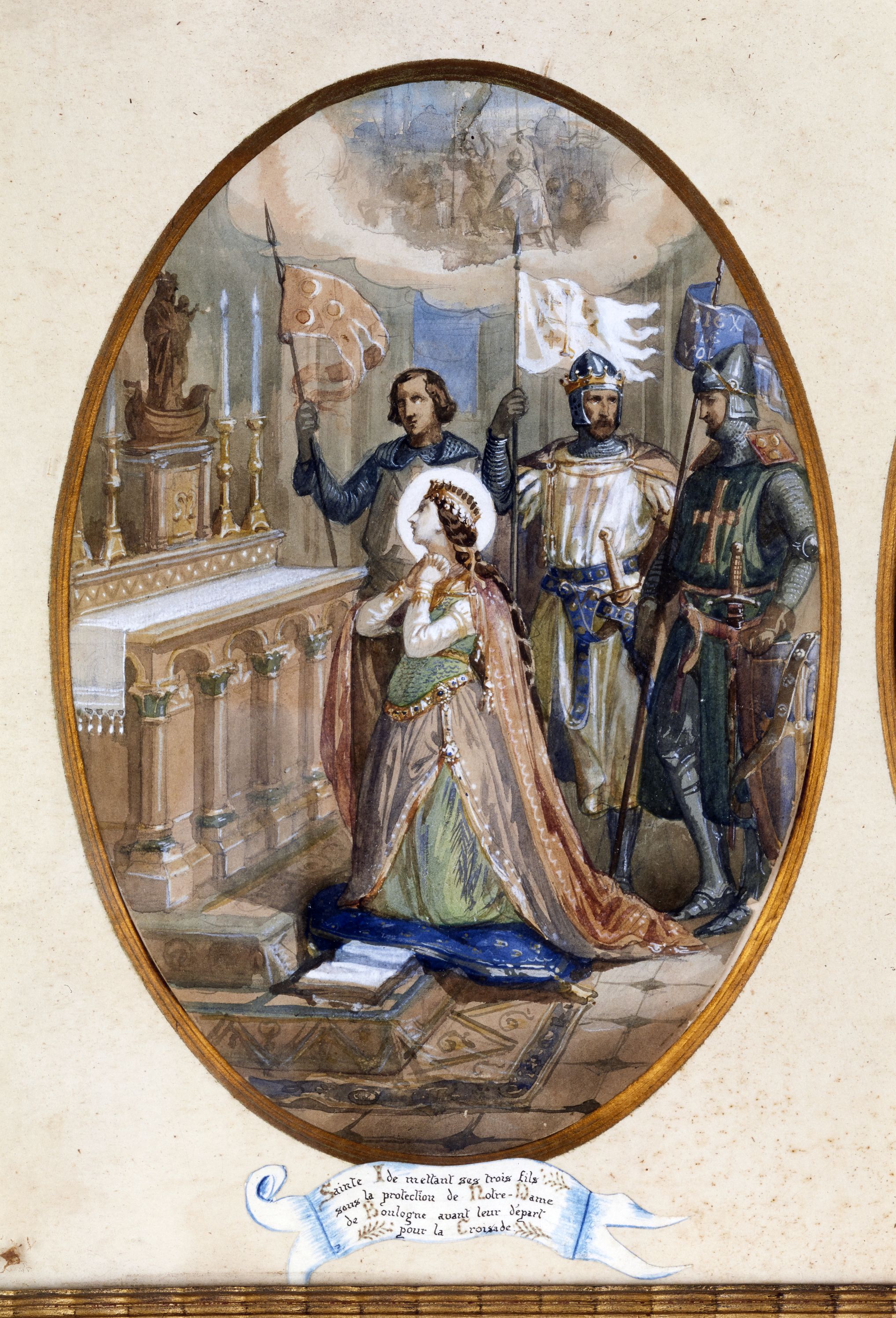Verrière 4 : Sainte Ide mettant ses trois fils sous la protection de Notre-Dame de Boulogne, projet aquarellé par Alexandre Grellet, entre 1873 et 1876 (coll. part.).