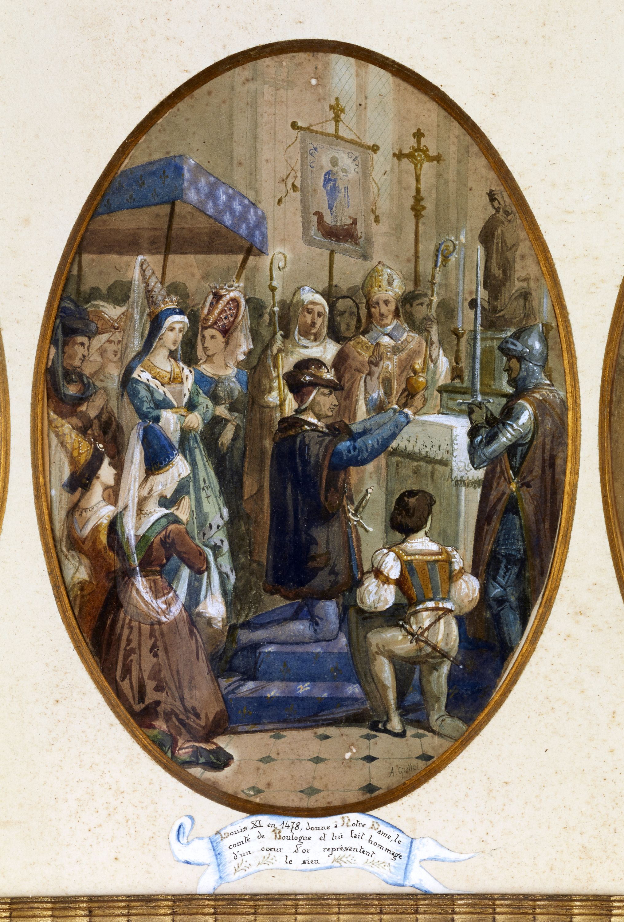 Verrière 2 : Hommage de Louis XI à Notre-Dame de Boulogne, projet aquarellé par Alexandre Grellet, entre 1873 et 1876 (coll. part.).