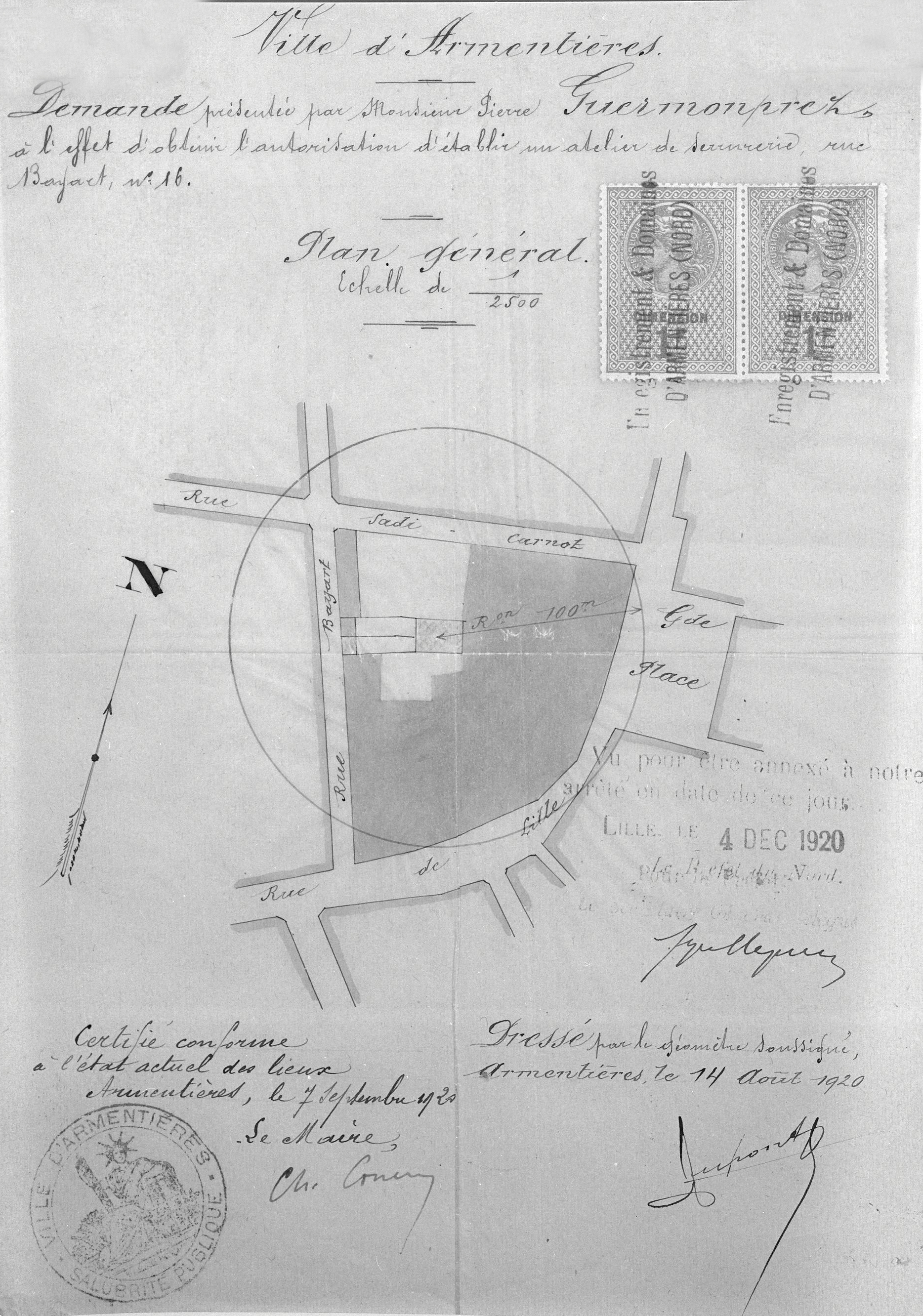 Pierre Guermonprez. Établissement d'un atelier de serrurerie. Plan de situation, 1920 (AD Nord ; M 41710317).