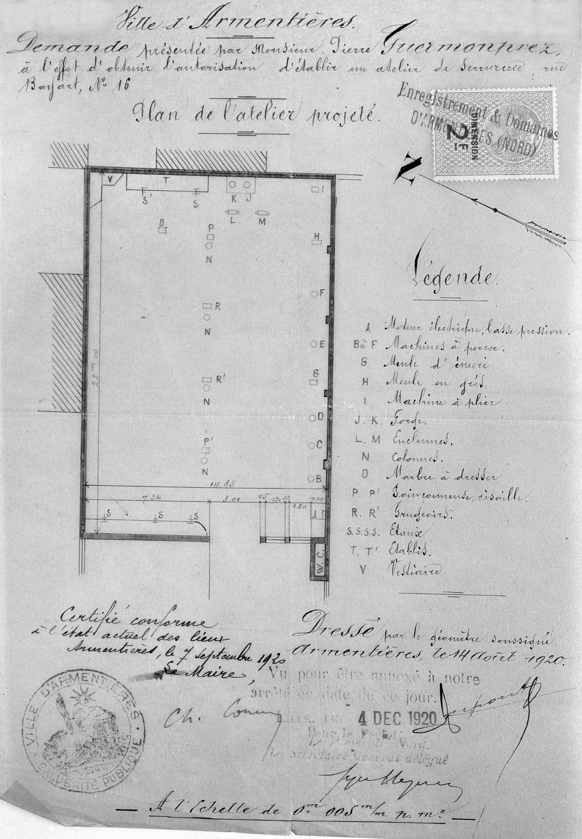 Pierre Guermonprez. Établissement d'un atelier de serrurerie. Plan masse, 1920 (AD Nord ; M 41710317).