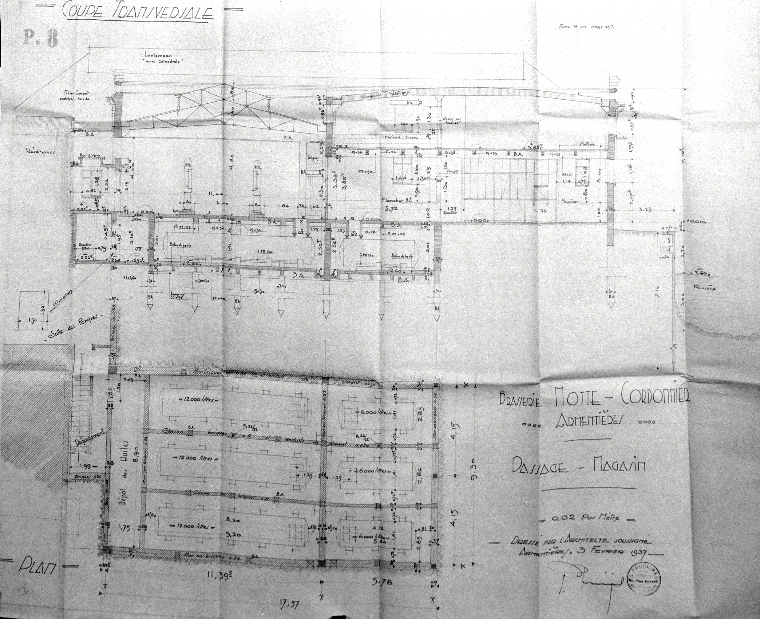 Motte-Cordonnier. Coupe transversale et plan du sous-sol, 1937 (AC Armentières). 