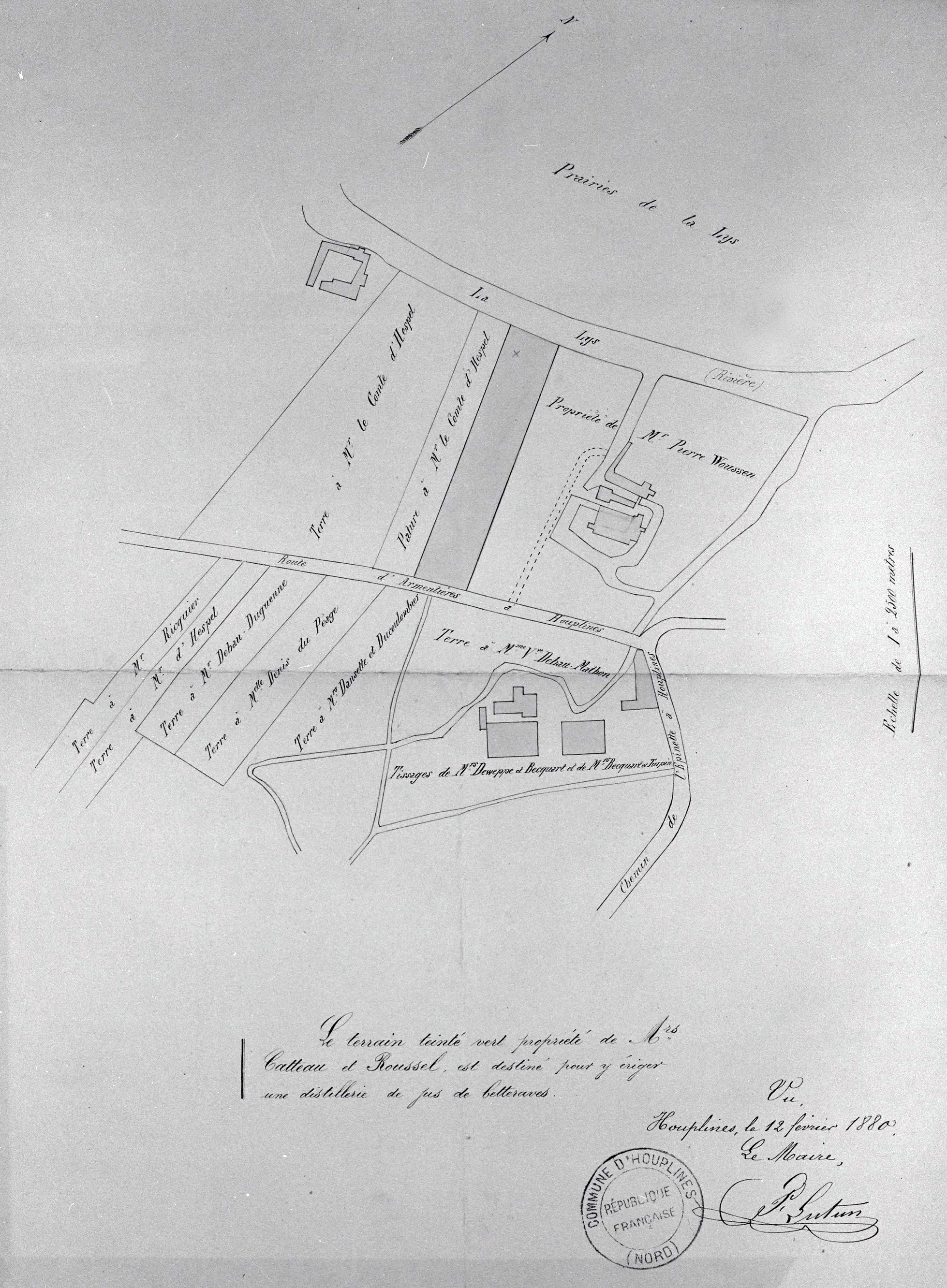 Plan joint à la demande d'installation d'une distillerie d'alcool de betterave par Messieurs Catteau et Roussel et situant le tissage Deweppes et Becquart, 1880 (AD Nord ; M4173696).