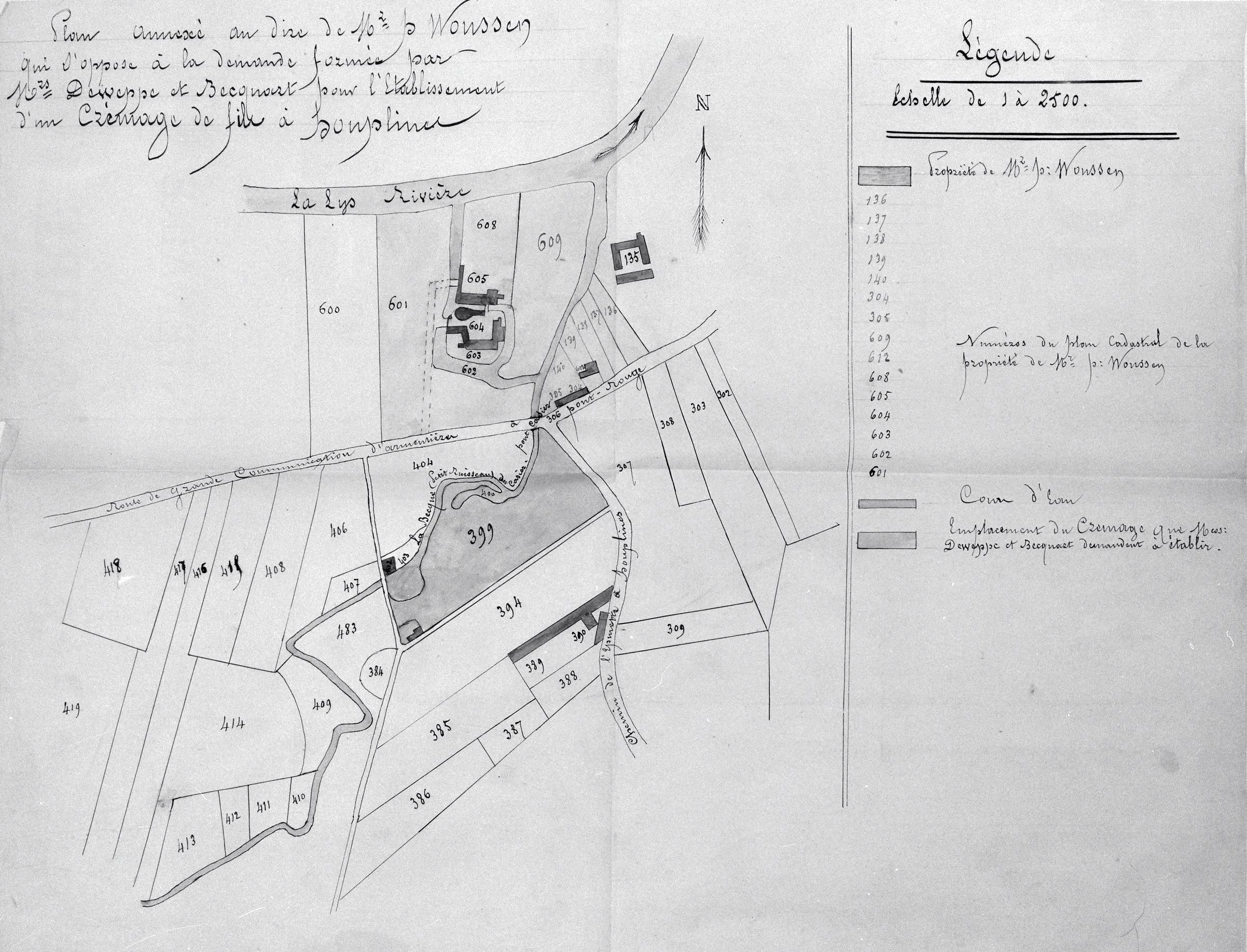 Protestation de M. Woussen contre l'établissement d'un tissage et d'un crémage par Messieurs Deweppes et Becquart sur la parcelle 399. Plan de situation, 1874 (AD Nord ; M4173687).
