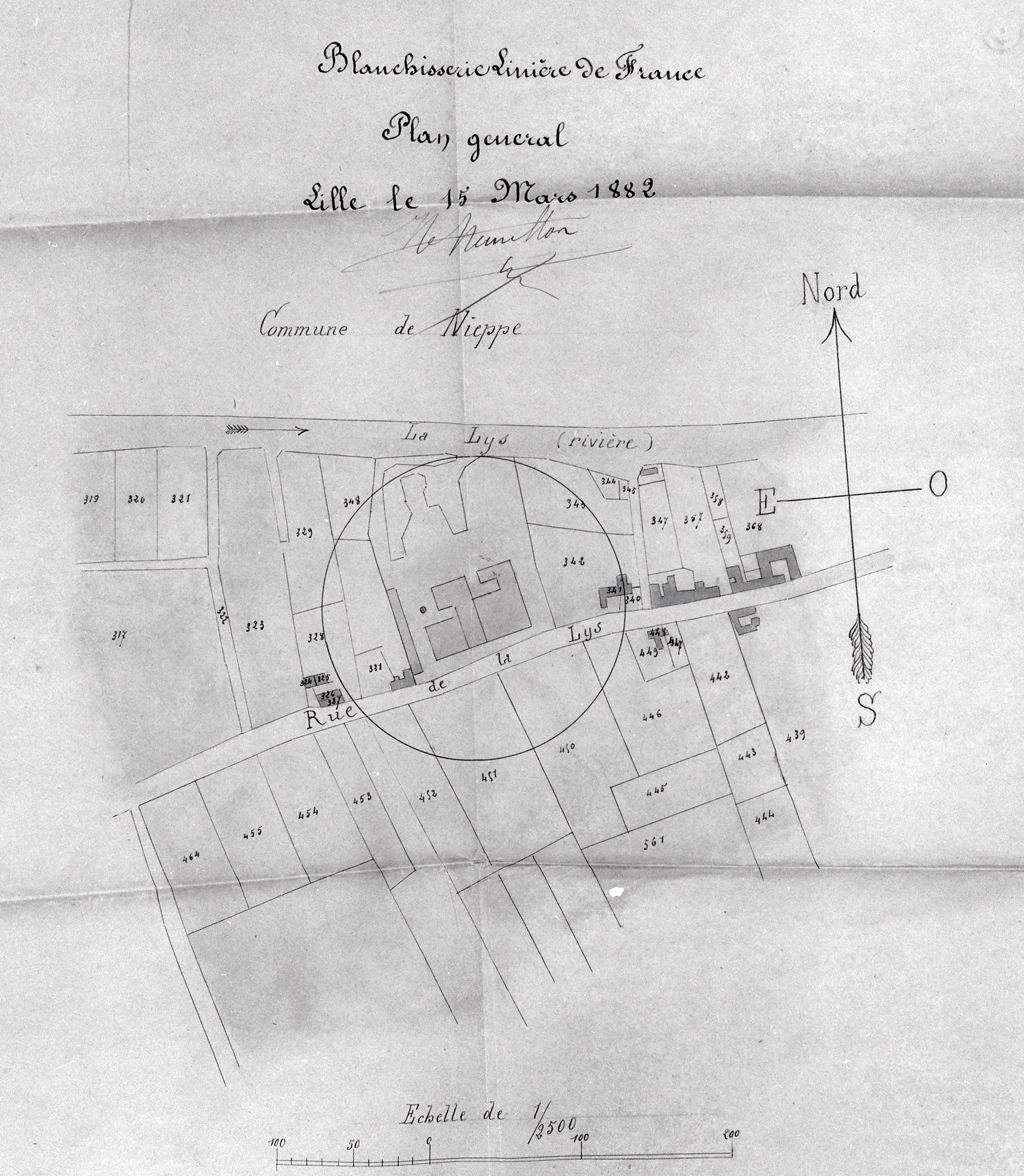 Blanchisserie linière de France. Plan de situation, 1882 (AD Nord ; M4172456).