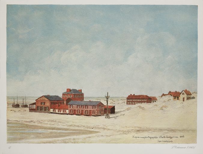 L'hôtel de la Plage, peinture de Jan Lavezzari d'après une photographie d'Emile Lavezzari, reproduction extraite de Berck d'Autrefois (AC Berck).


