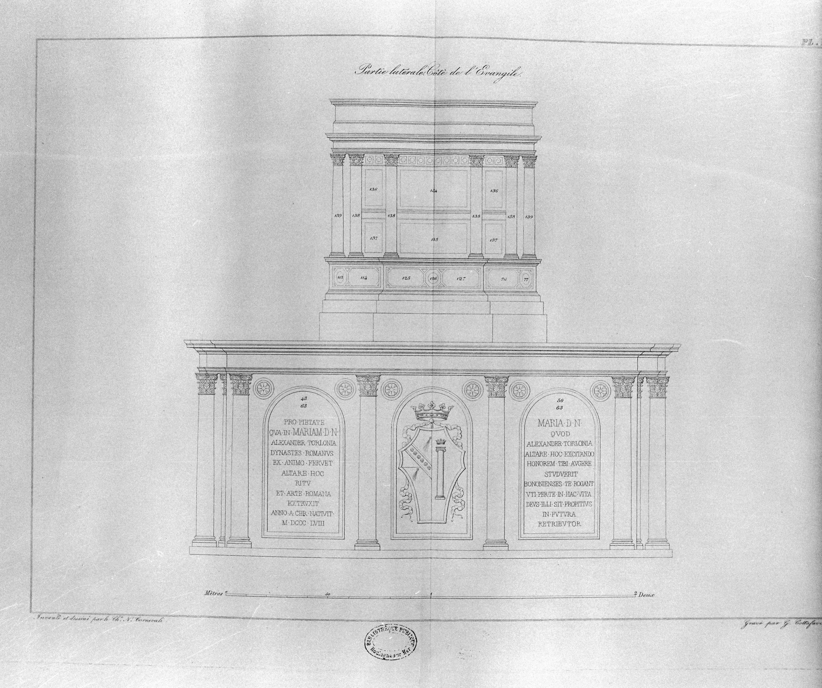 Elévation latérale 1, dessin par Nicolas Carnevali, gravé par Gaetano Cottafavi, in Barbier de Montault (X.). Description du maître-autel..., Rome, 1864, pl. IV.