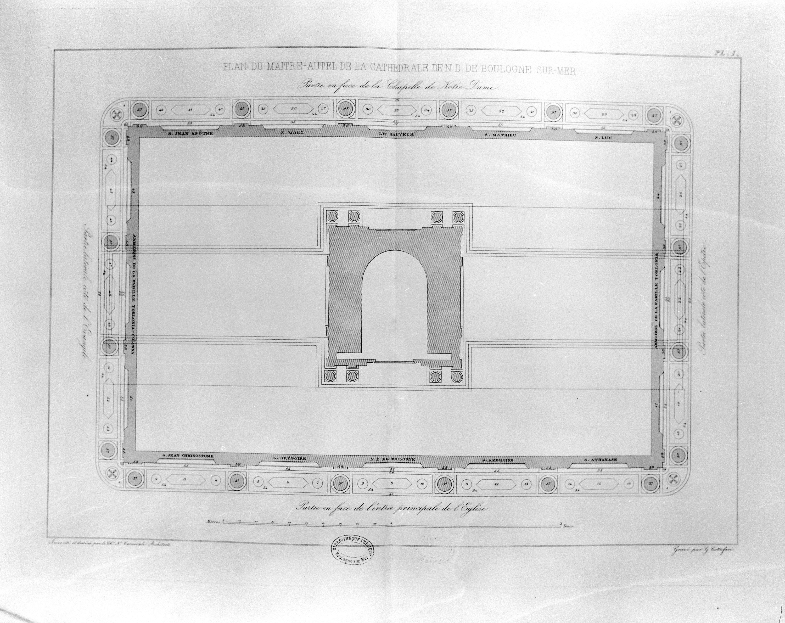 Plan, dessin par Nicolas Carnevali, gravé par Gaetano Cottafavi, in Barbier de Montault (X.). Description du maître-autel..., Rome, 1864, pl. I.