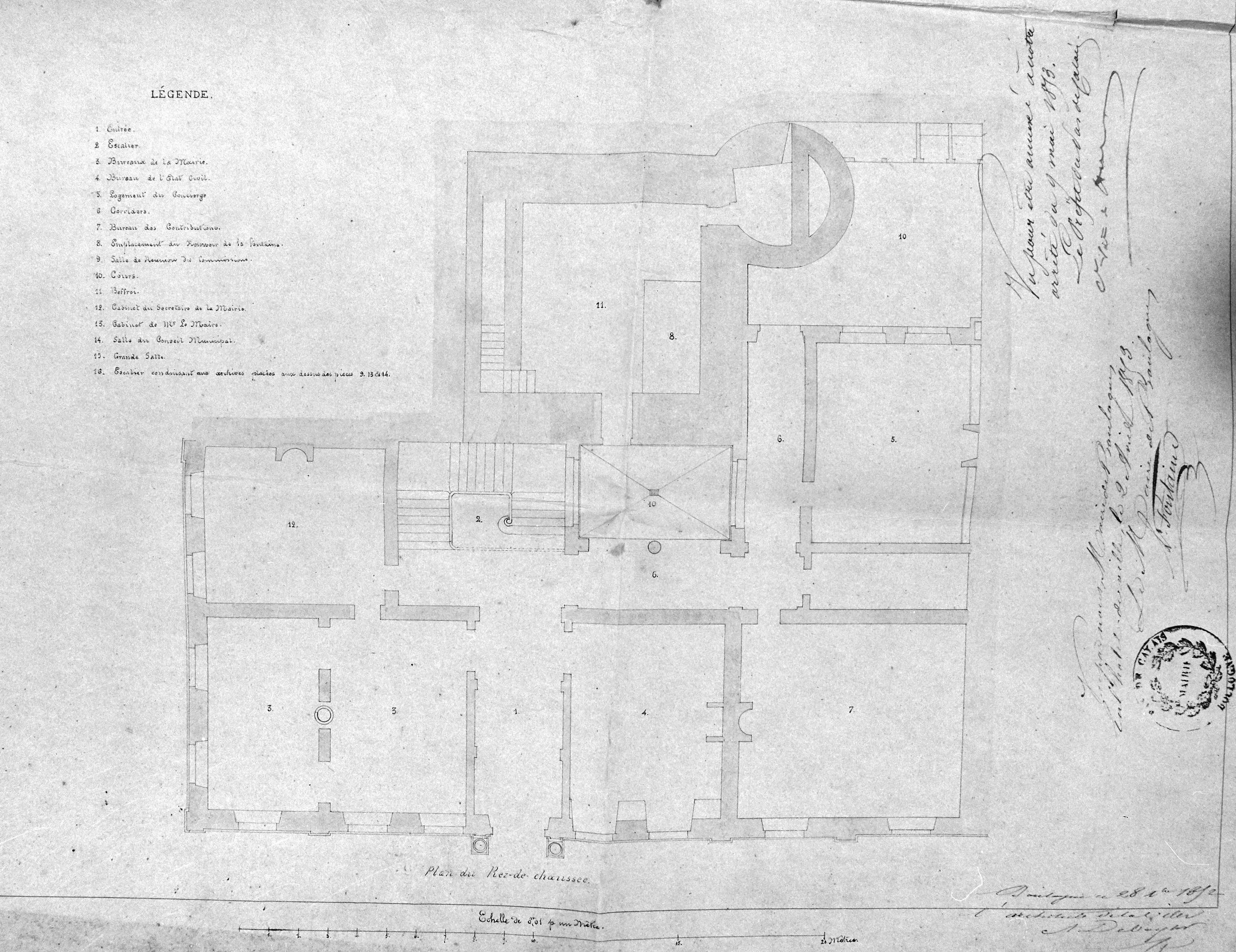 Projet de 1852, signé Debayser ; plan du rez-de-chaussée. A.D. Pas-de-Calais, 2 0 - 1121.