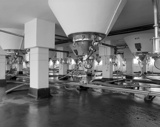 Salle de fermentation, niveau inférieur : cuves cylindro-coniques.