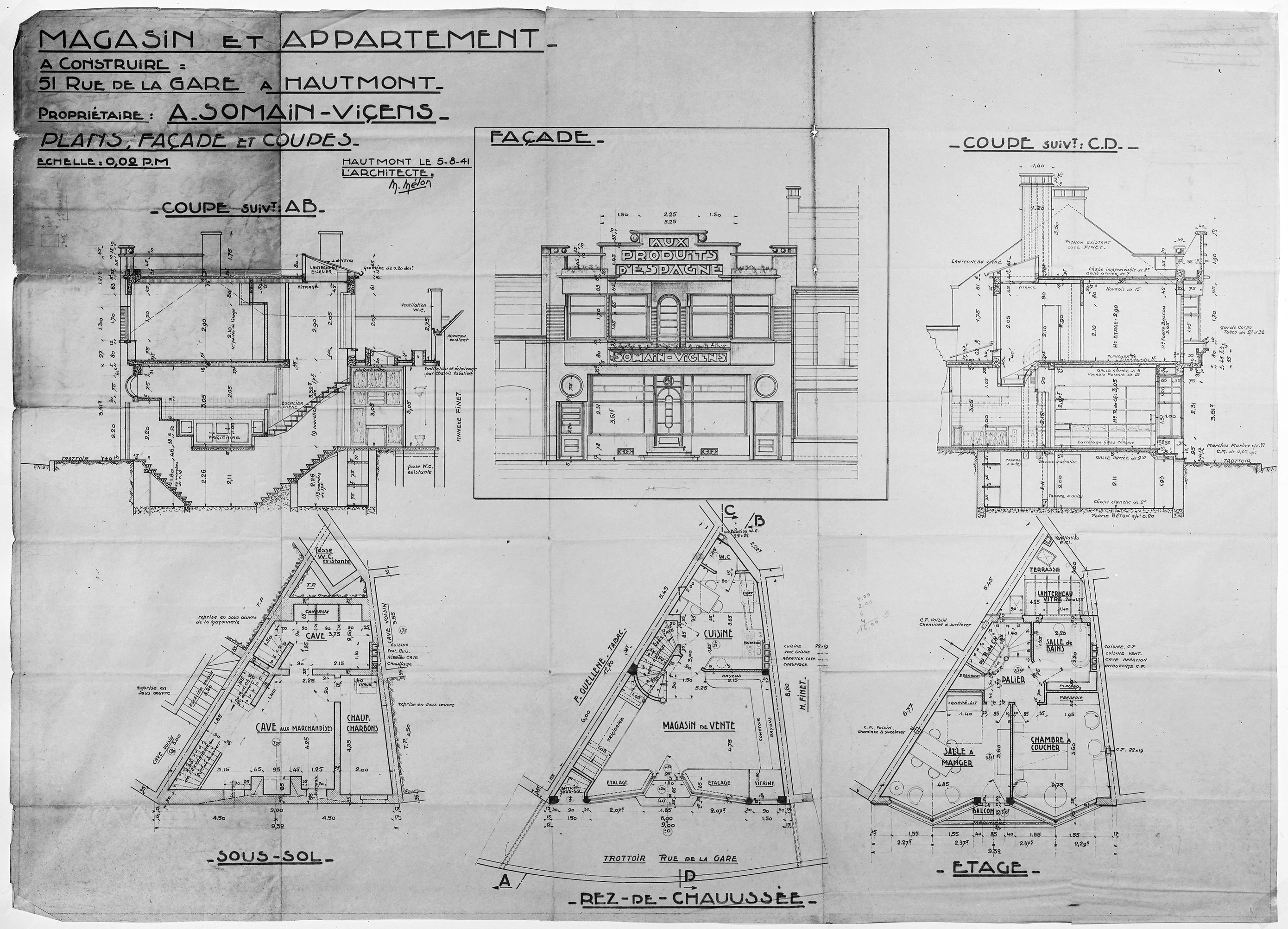 Plans, façade et coupes par Marcel Melon, architecte, 1941 (AP Melon).