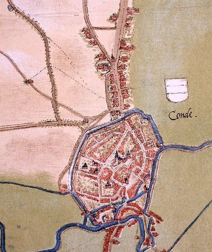 Ville de Condé, vue cavalière, vers 1550 : au centre, la collégiale située sur la place Verte. In : Atlas des villes de la Belgique au XVIe siècle, par Deventer. ; Ville de Condé, vue cavalière, vers 1550 : des corps de bâtiment dépendant du château de Bailleul apparaissent à l'intérieur de la ville, à l'ouest.