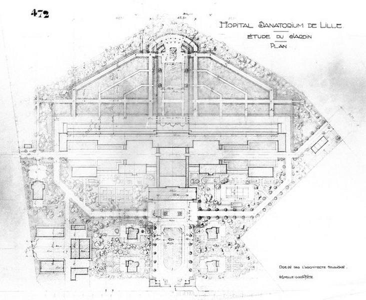Projet de construction par l'architecte Deregnaucourt, plan masse général montrant le dessin des jardins, non daté, vers 1932.